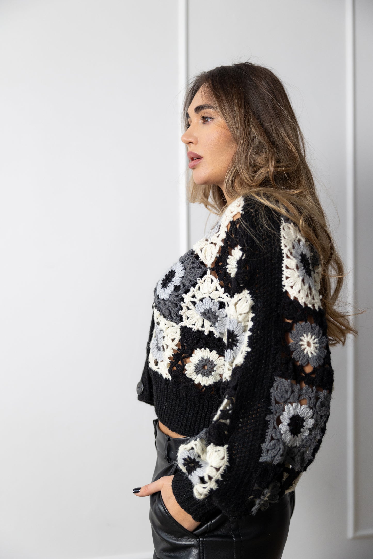 Granny Square Crochet Cardigan – Black Oversized Bomber Jacket with Puff Sleeves, Handmade Wool Sweater