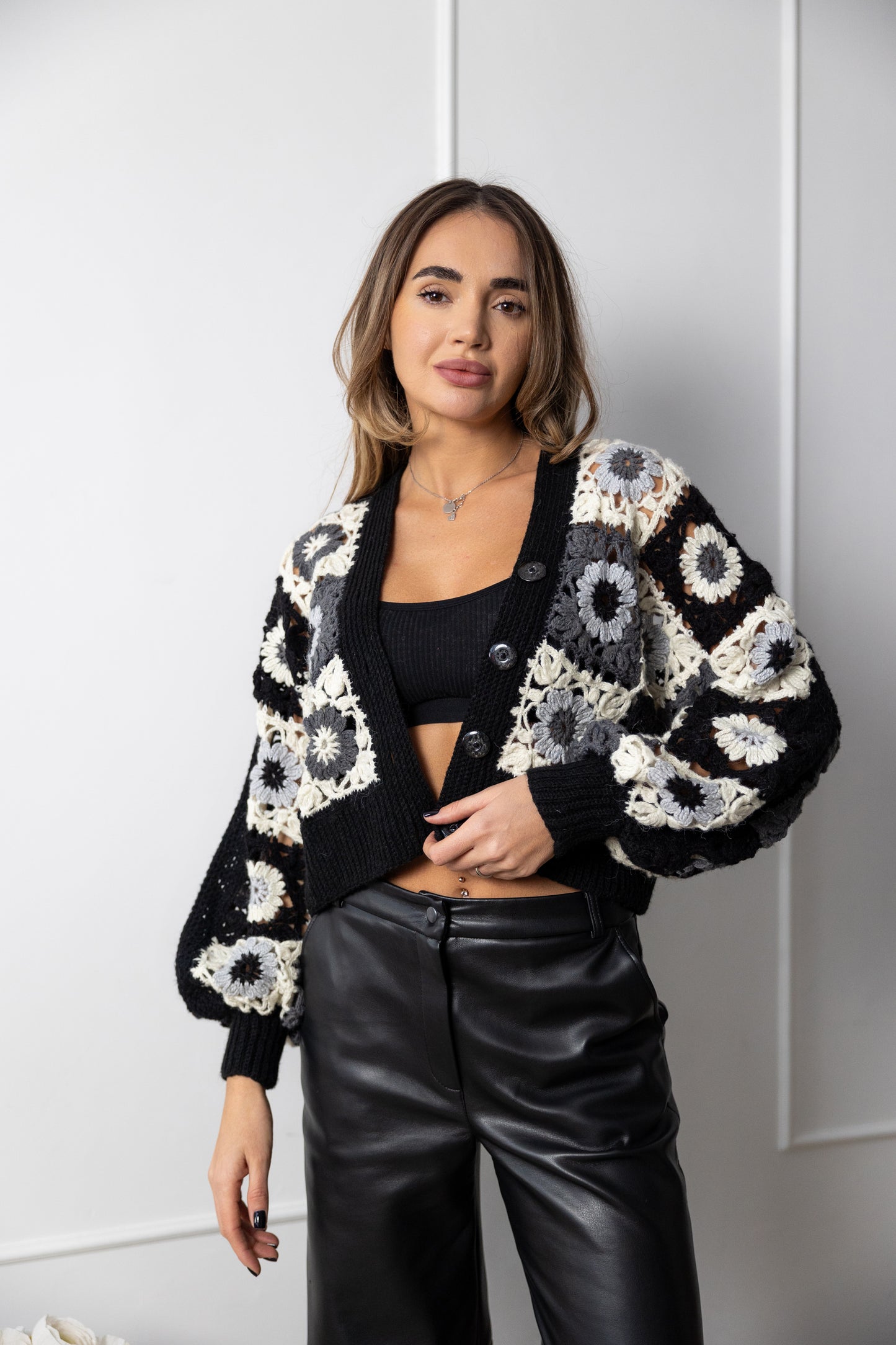 Granny Square Crochet Cardigan – Black Oversized Bomber Jacket with Puff Sleeves, Handmade Wool Sweater