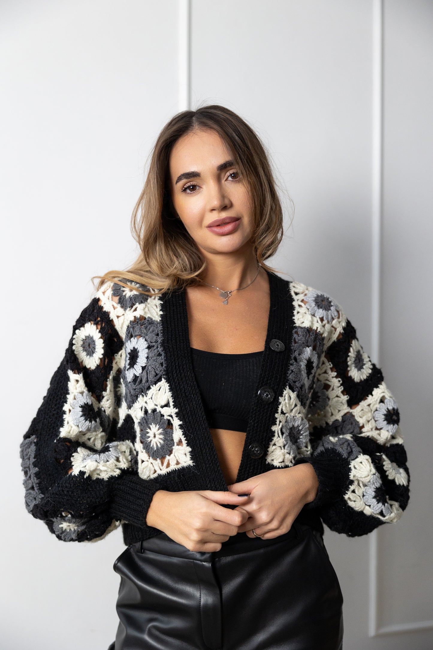 Granny Square Crochet Cardigan – Black Oversized Bomber Jacket with Puff Sleeves, Handmade Wool Sweater