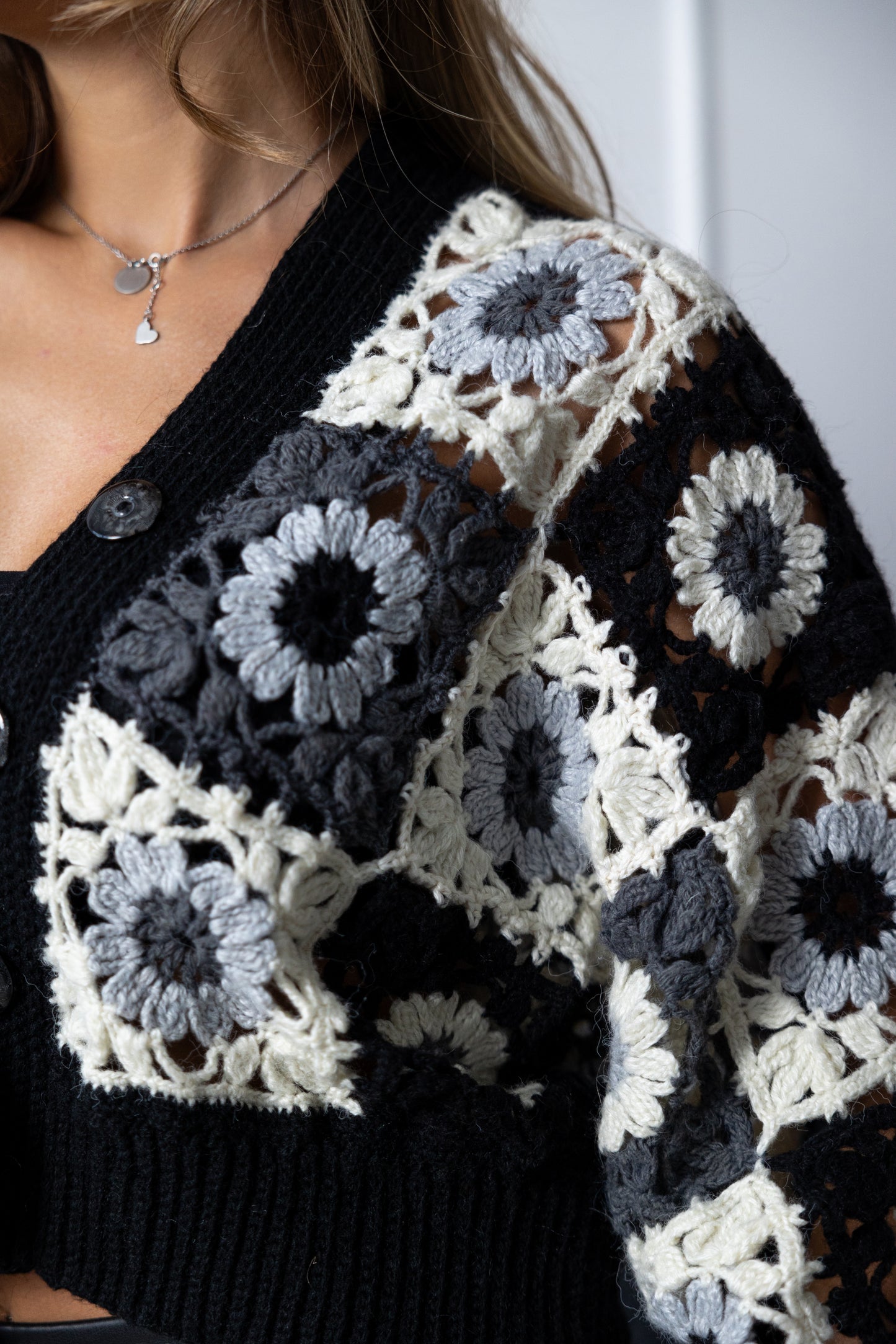 Granny Square Crochet Cardigan – Black Oversized Bomber Jacket with Puff Sleeves, Handmade Wool Sweater
