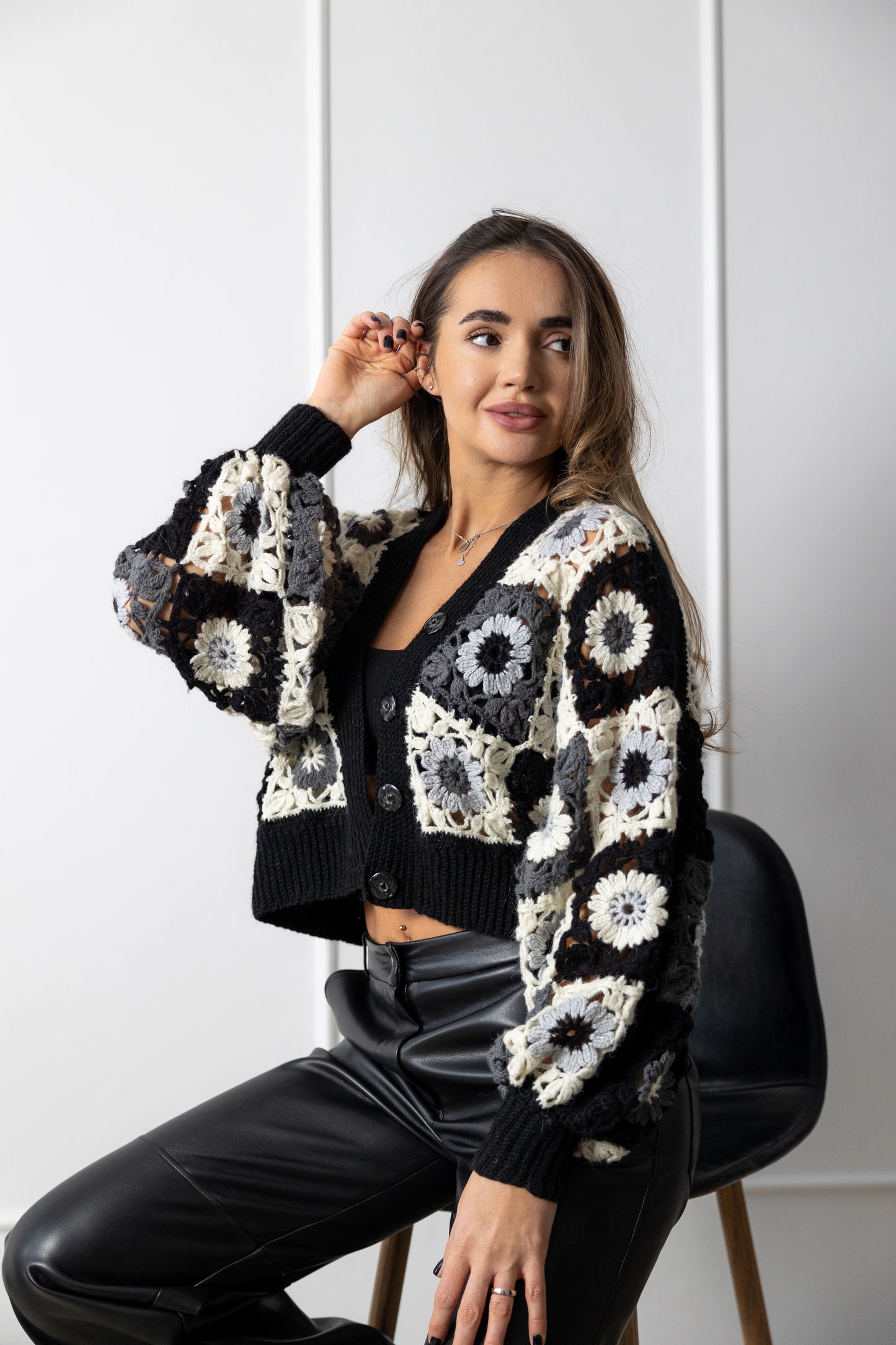 Granny Square Crochet Cardigan – Black Oversized Bomber Jacket with Puff Sleeves, Handmade Wool Sweater