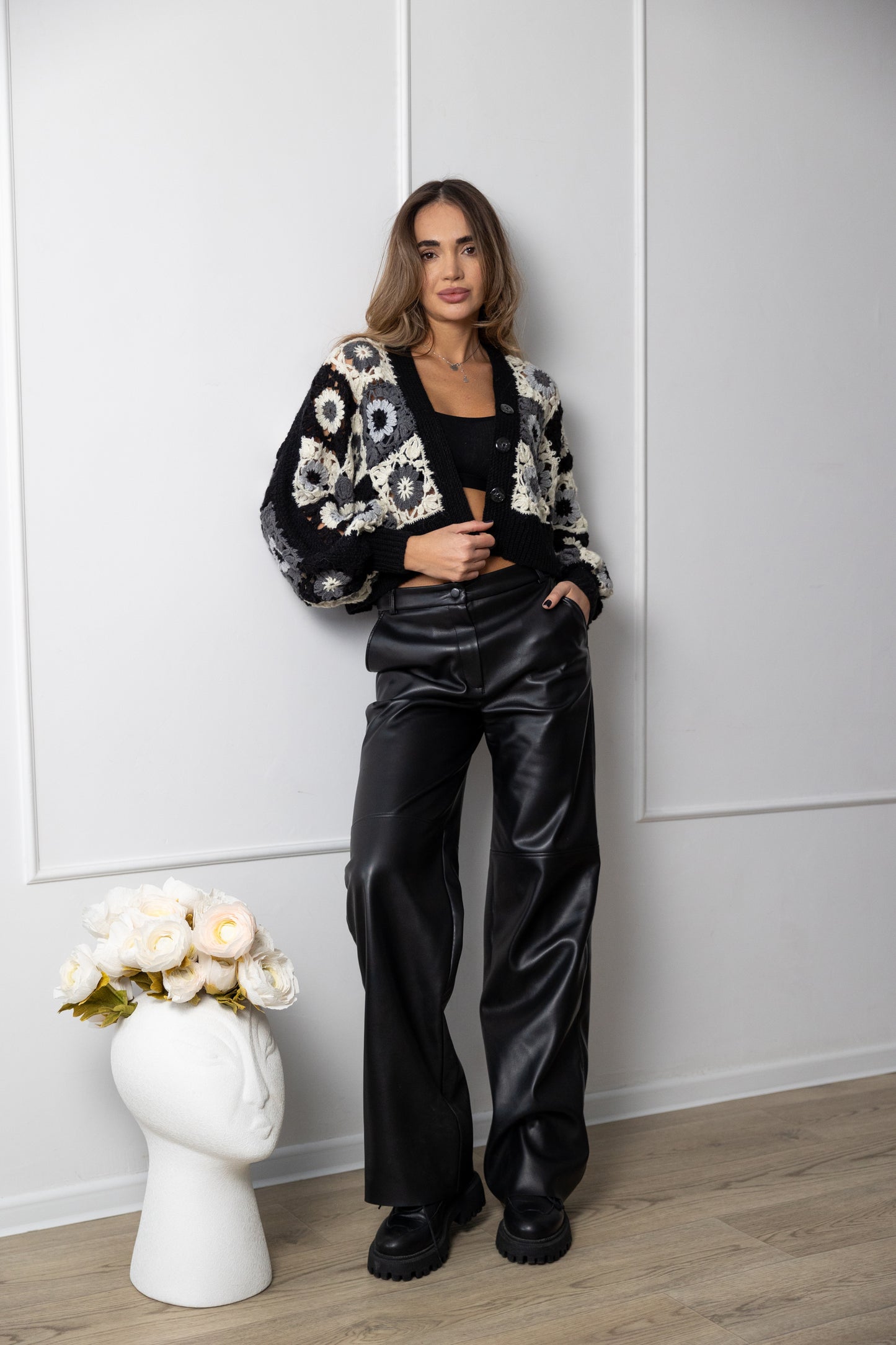 Granny Square Crochet Cardigan – Black Oversized Bomber Jacket with Puff Sleeves, Handmade Wool Sweater