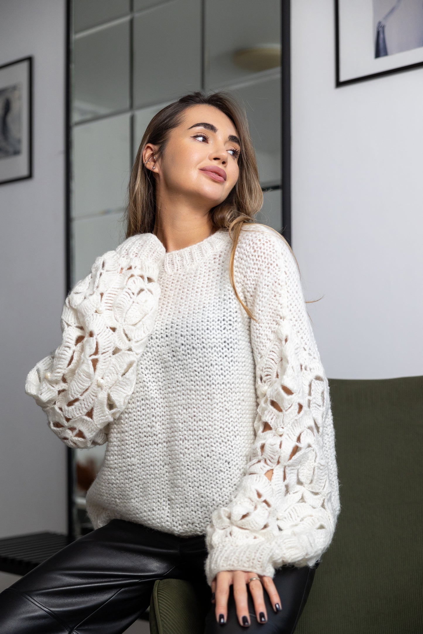 White Mohair Oversized Sweater with Pearls – Handmade Knit & Crochet Jumper