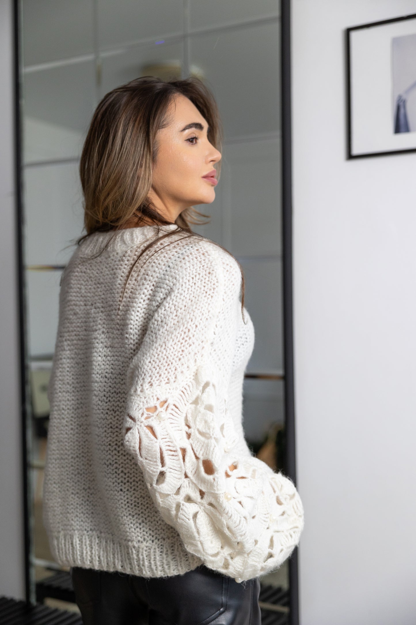 White Mohair Oversized Sweater with Pearls – Handmade Knit & Crochet Jumper