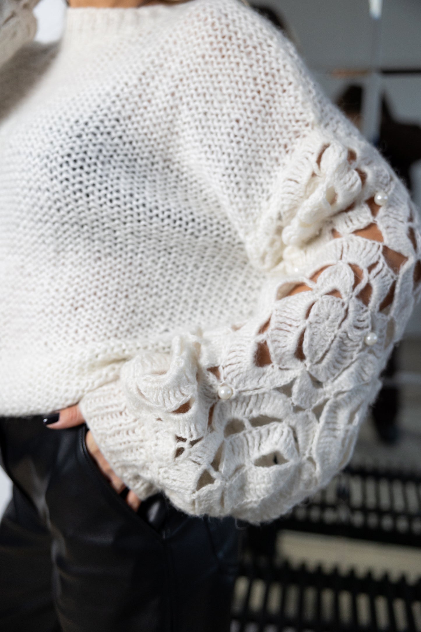 White Mohair Oversized Sweater with Pearls – Handmade Knit & Crochet Jumper
