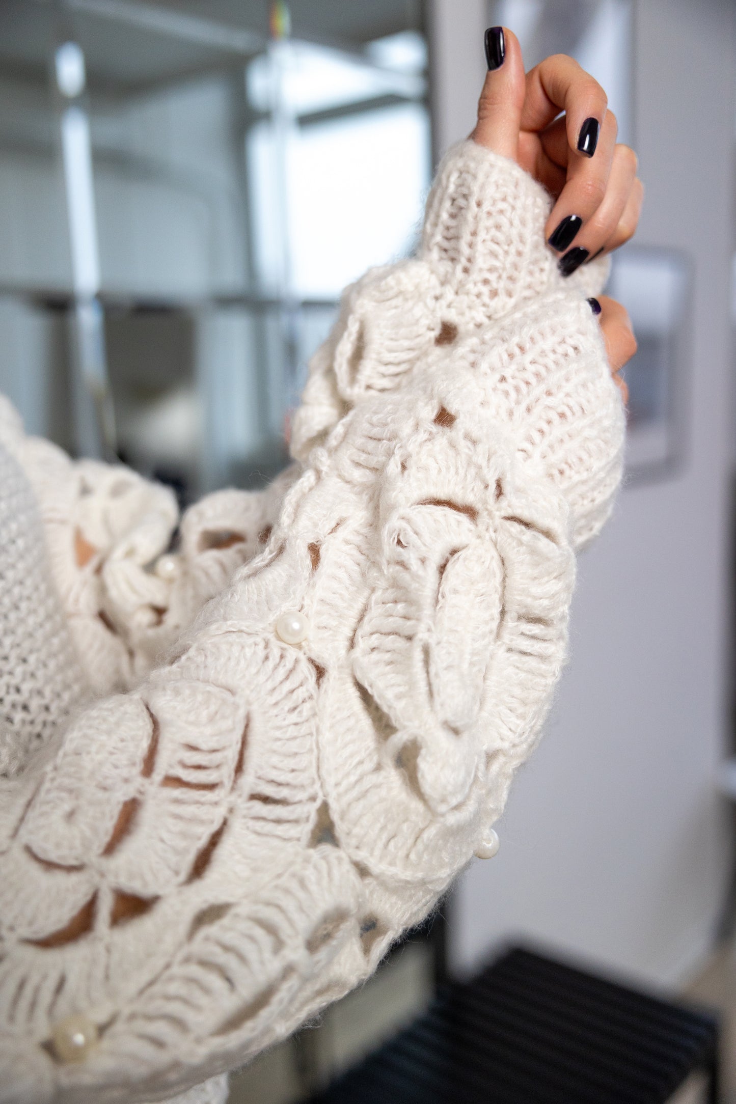 White Mohair Oversized Sweater with Pearls – Handmade Knit & Crochet Jumper
