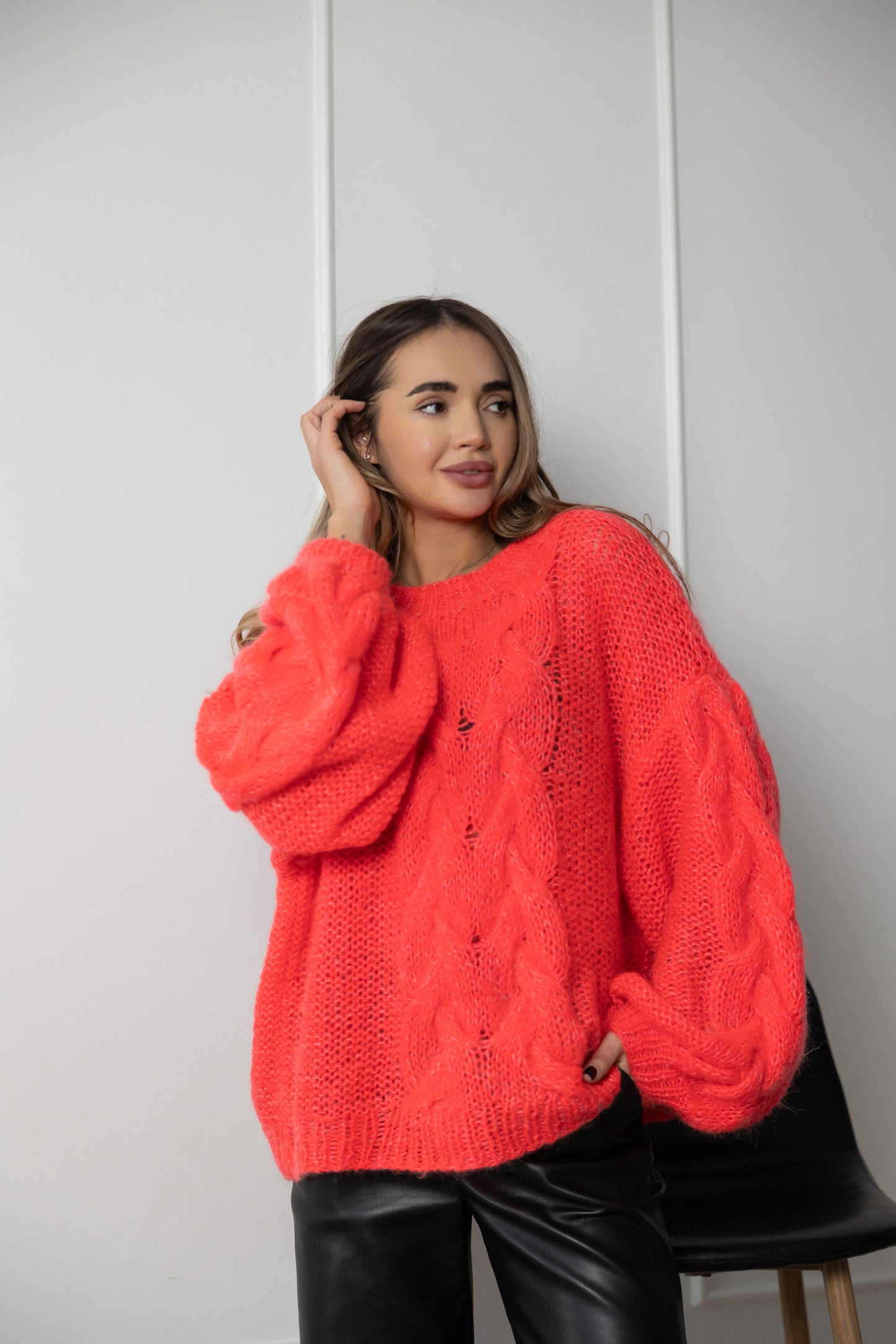 Handmade Oversized Scarlet Mohair Sweater – Wool Blend Knit Jumper, Red Chunky Pullover