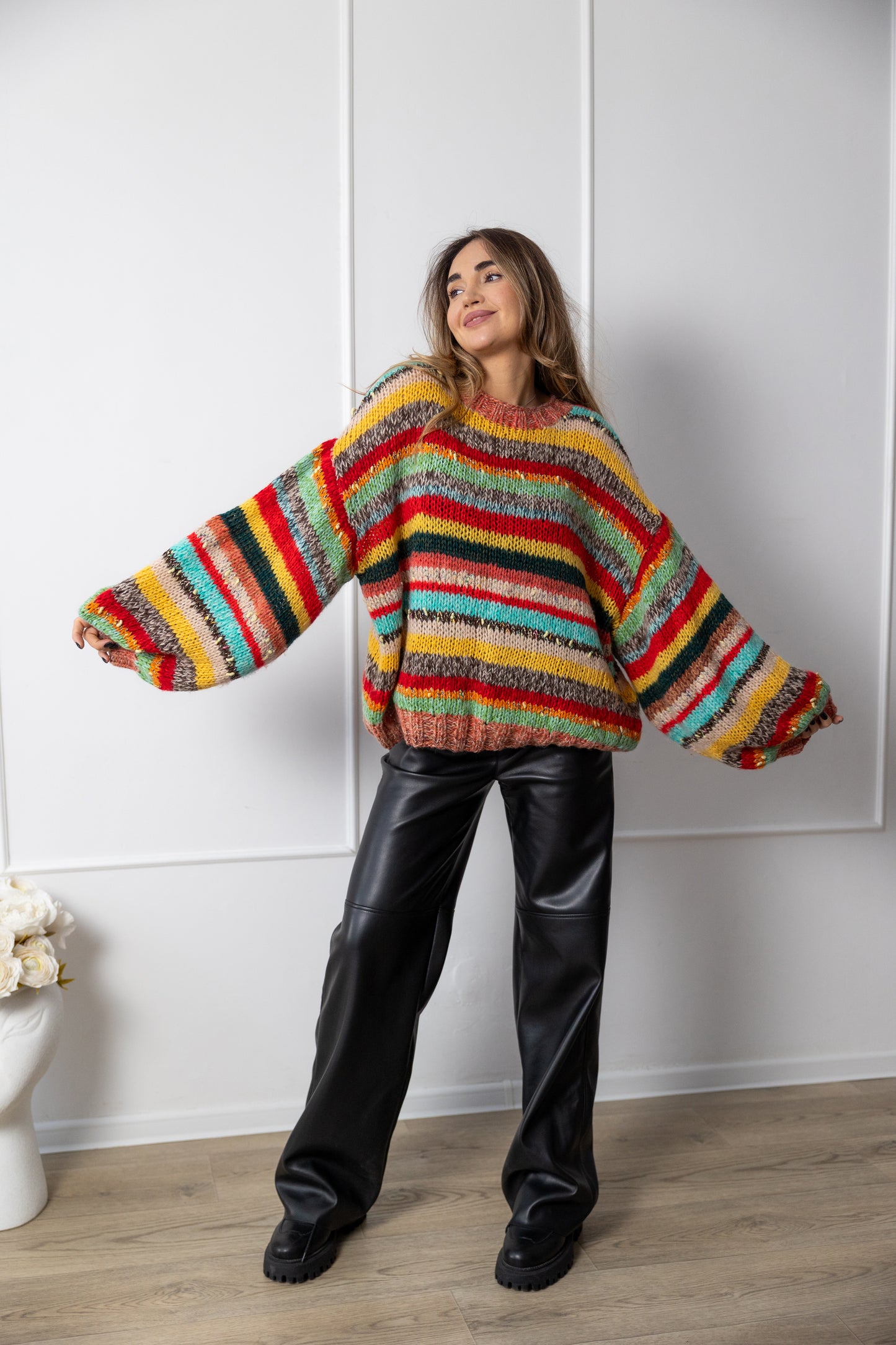 Oversized Multicolor Mohair Sweater – Handmade Striped Knit Jumper, Chunky Fluffy Boho Pullover