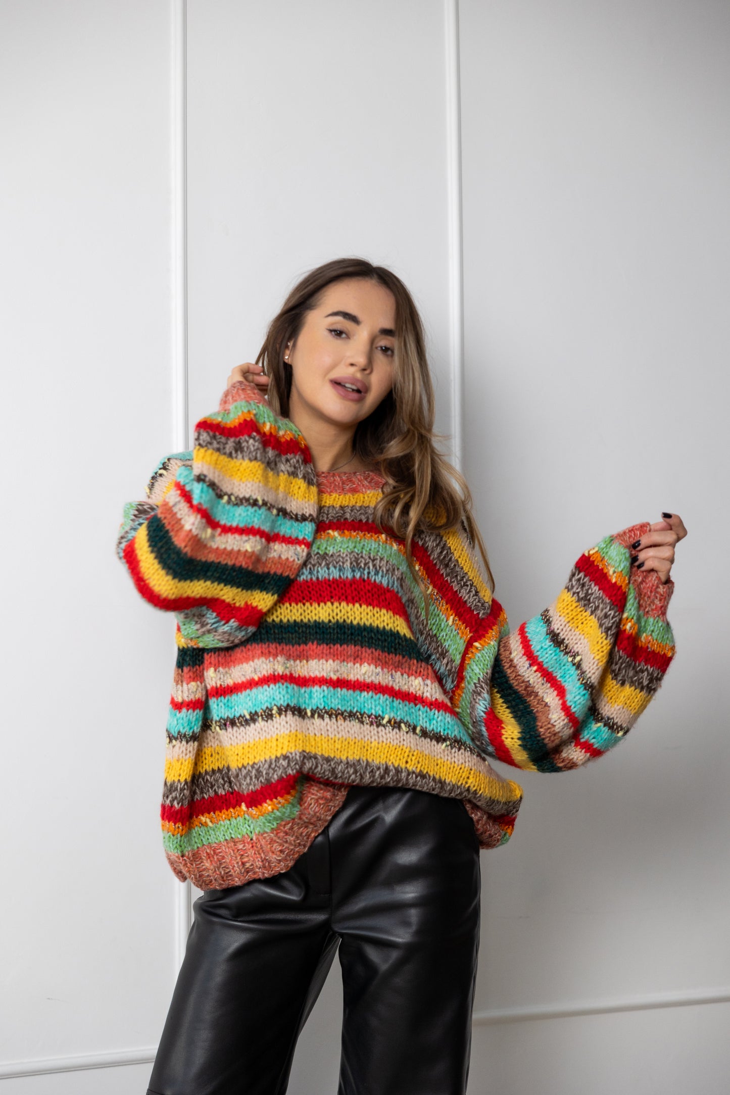 Oversized Multicolor Mohair Sweater – Handmade Striped Knit Jumper, Chunky Fluffy Boho Pullover