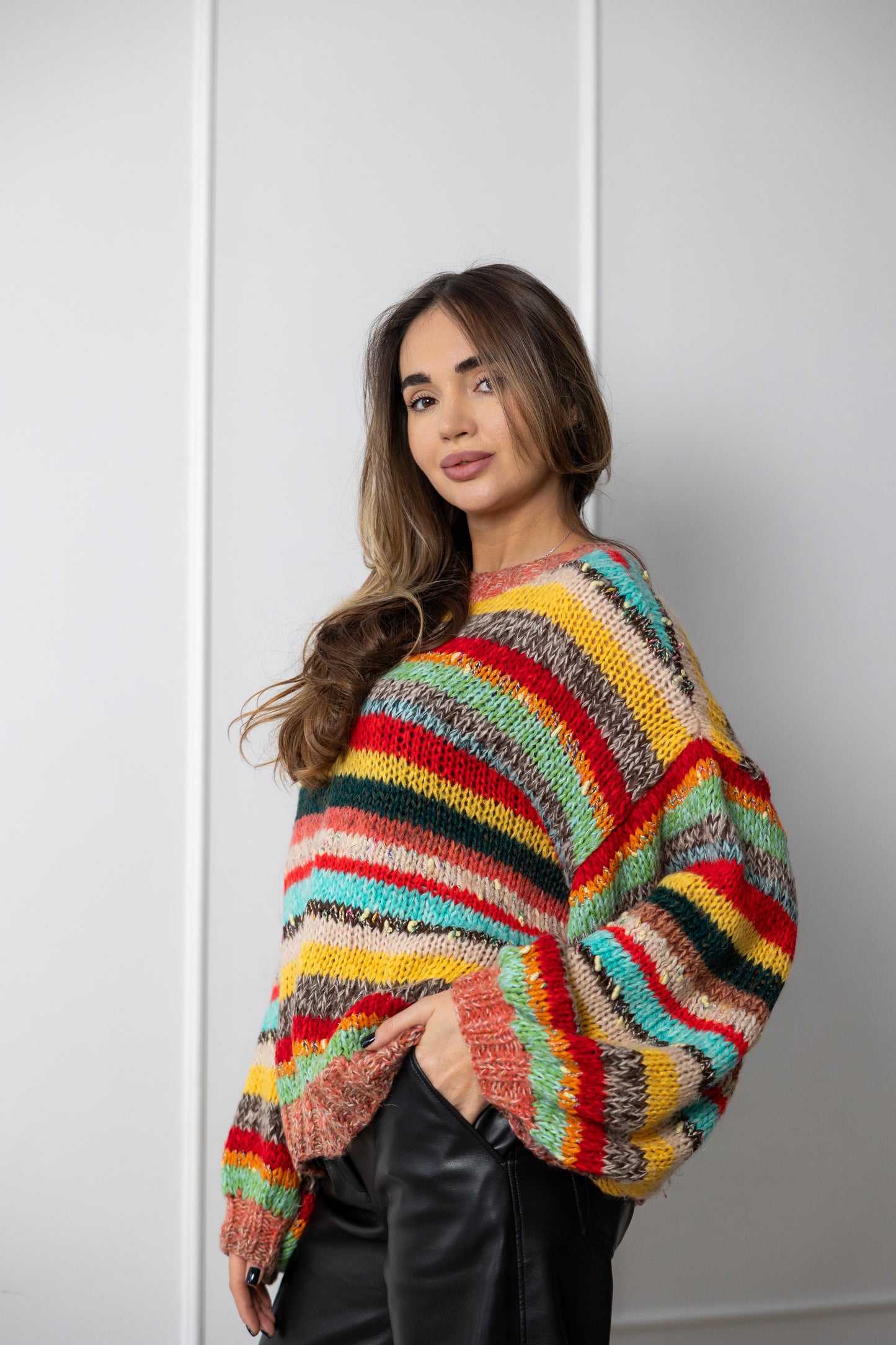Oversized Multicolor Mohair Sweater – Handmade Striped Knit Jumper, Chunky Fluffy Boho Pullover