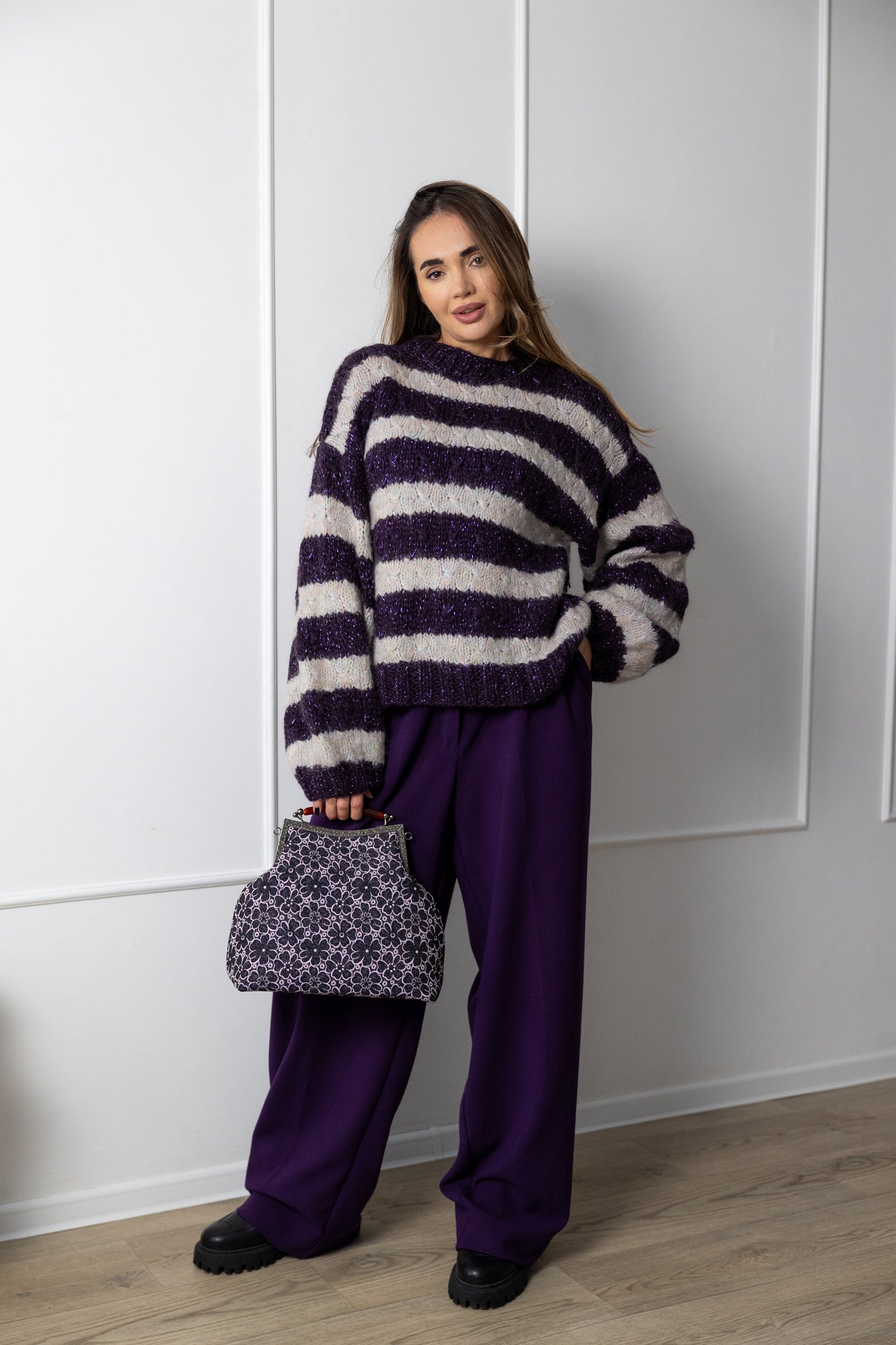 Hand Knit Striped Mohair Sweater – Oversized Purple Grey Jumper
