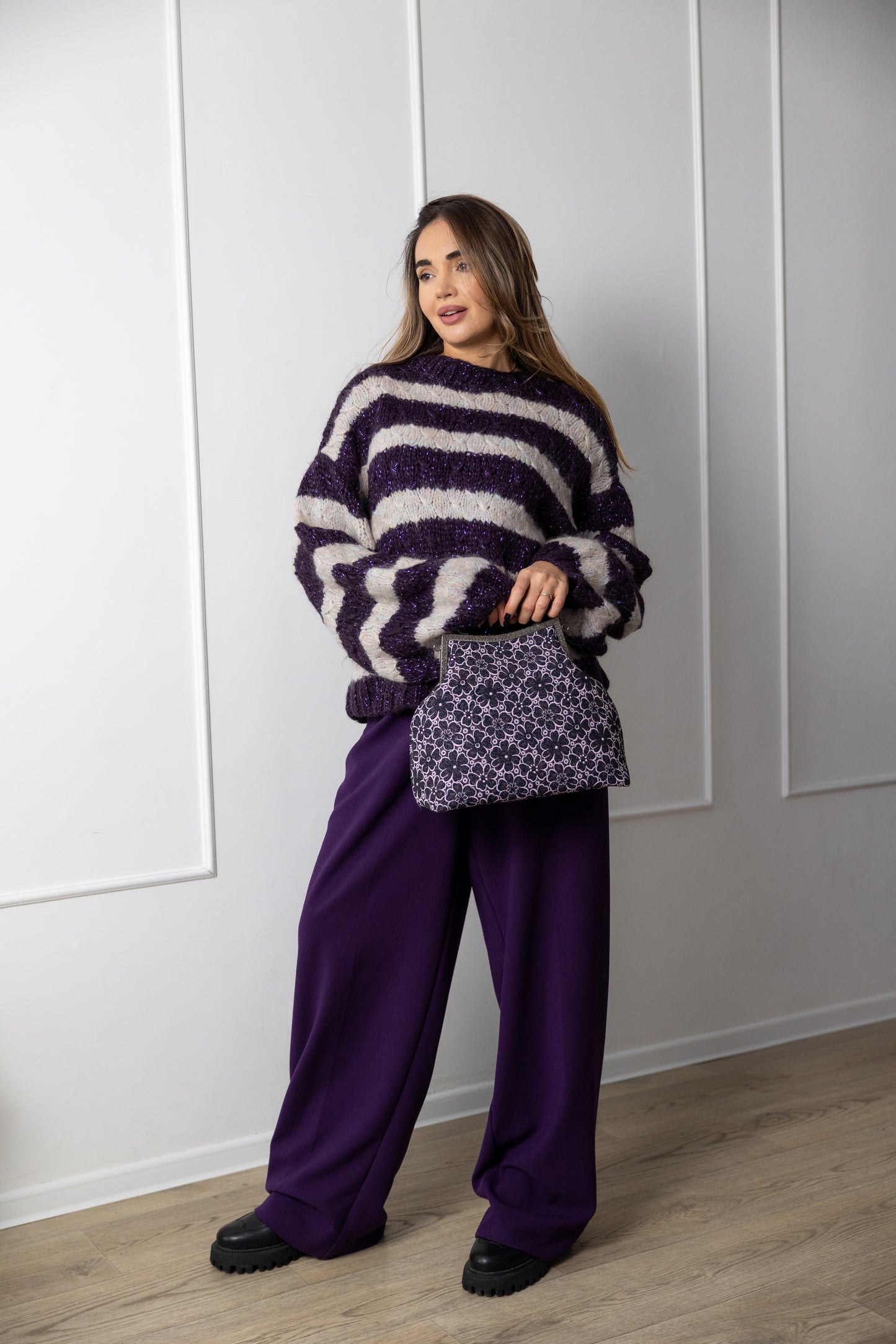 Hand Knit Striped Mohair Sweater – Oversized Purple Grey Jumper