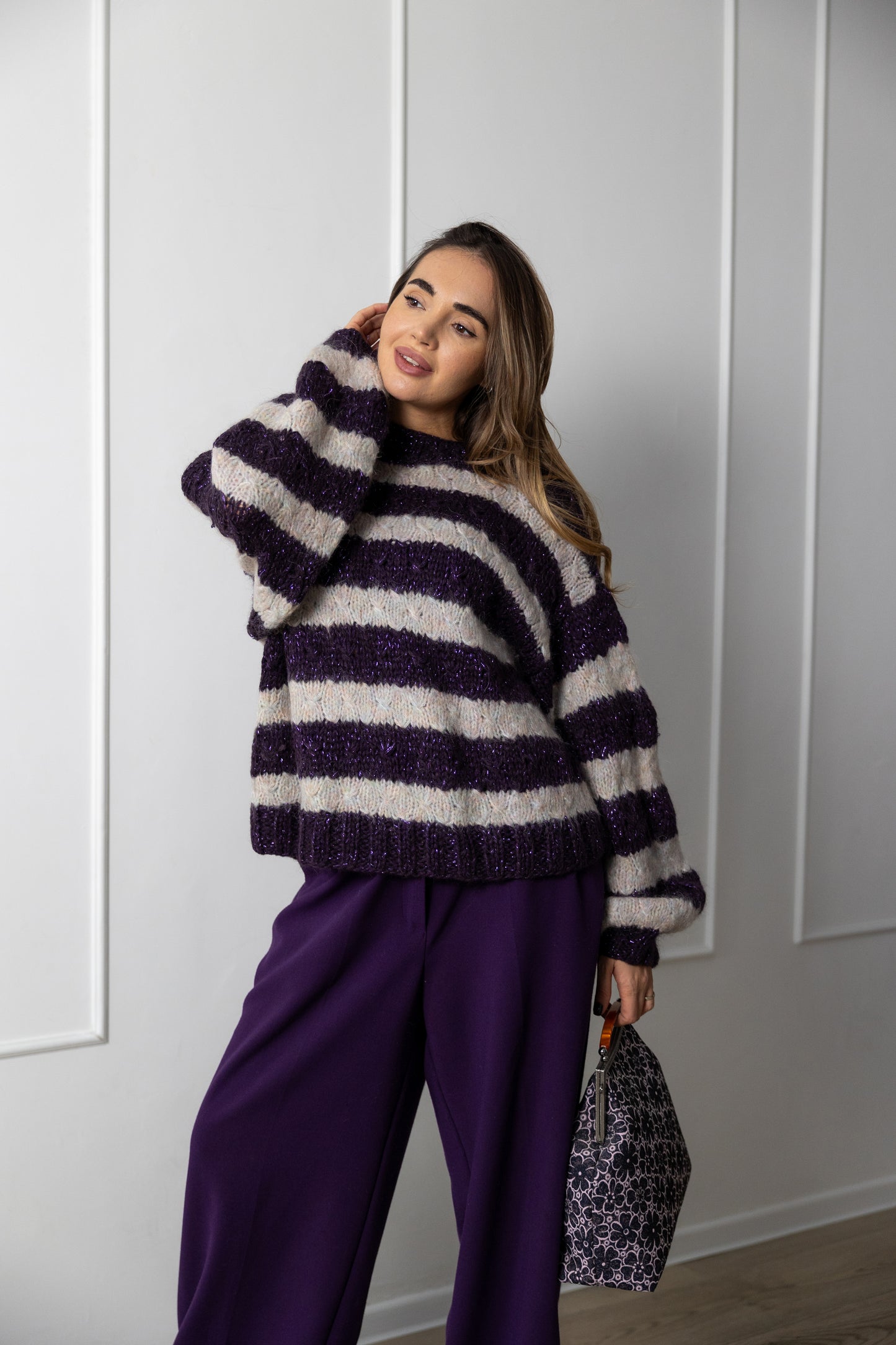 Hand Knit Striped Mohair Sweater – Oversized Purple Grey Jumper