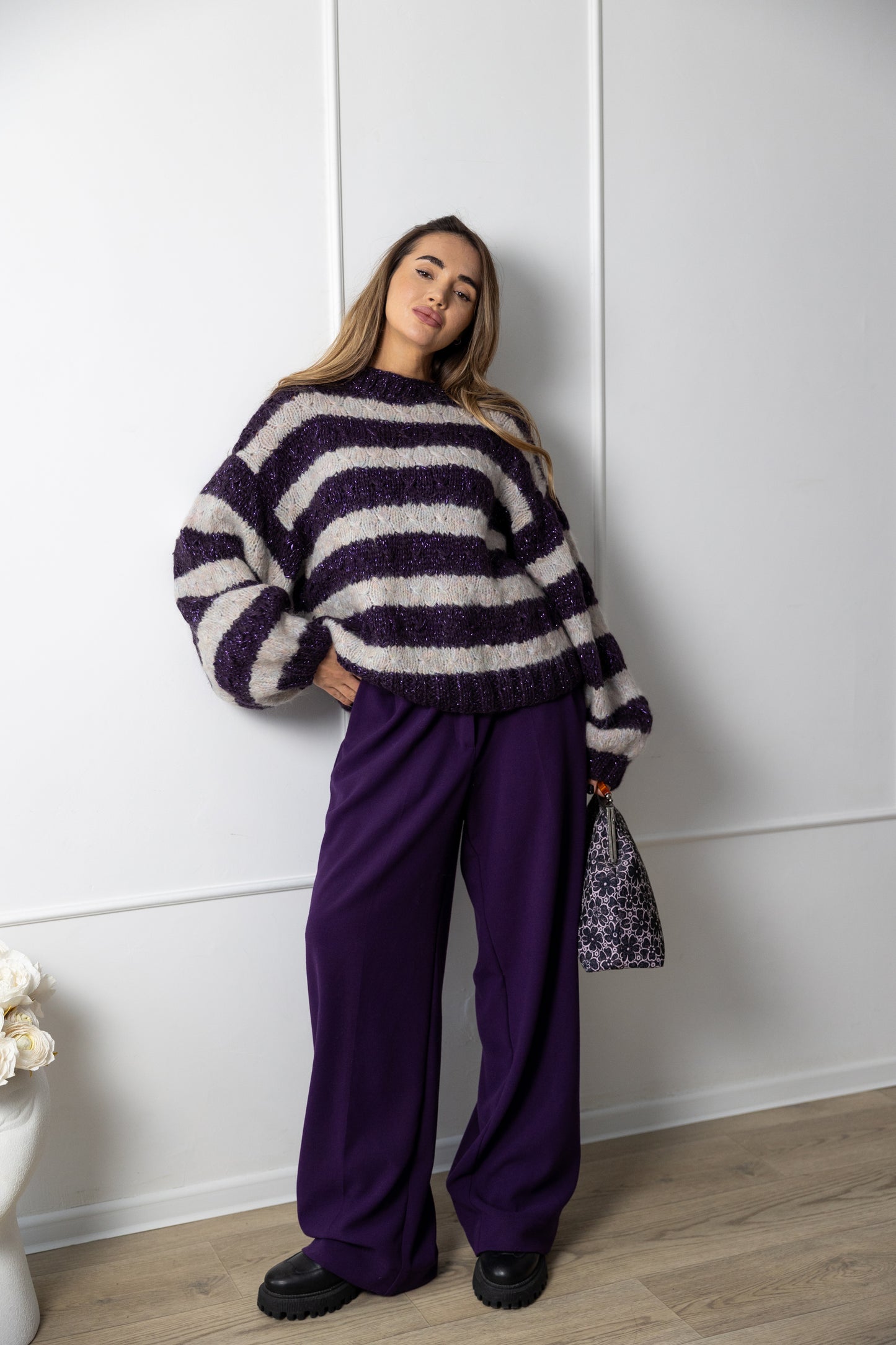 Hand Knit Striped Mohair Sweater – Oversized Purple Grey Jumper