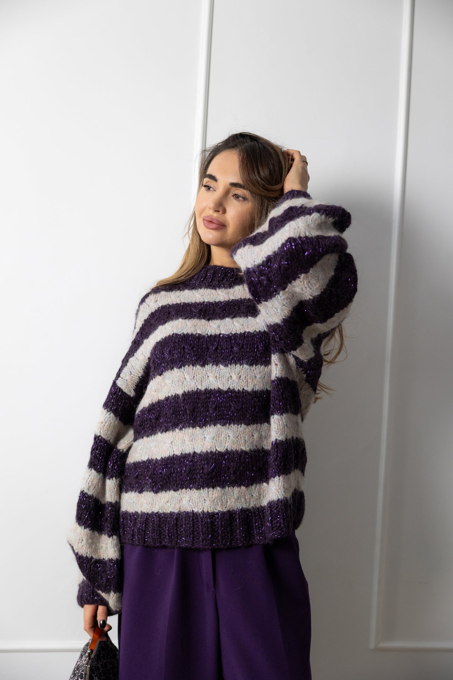 Hand Knit Striped Mohair Sweater – Oversized Purple Grey Jumper