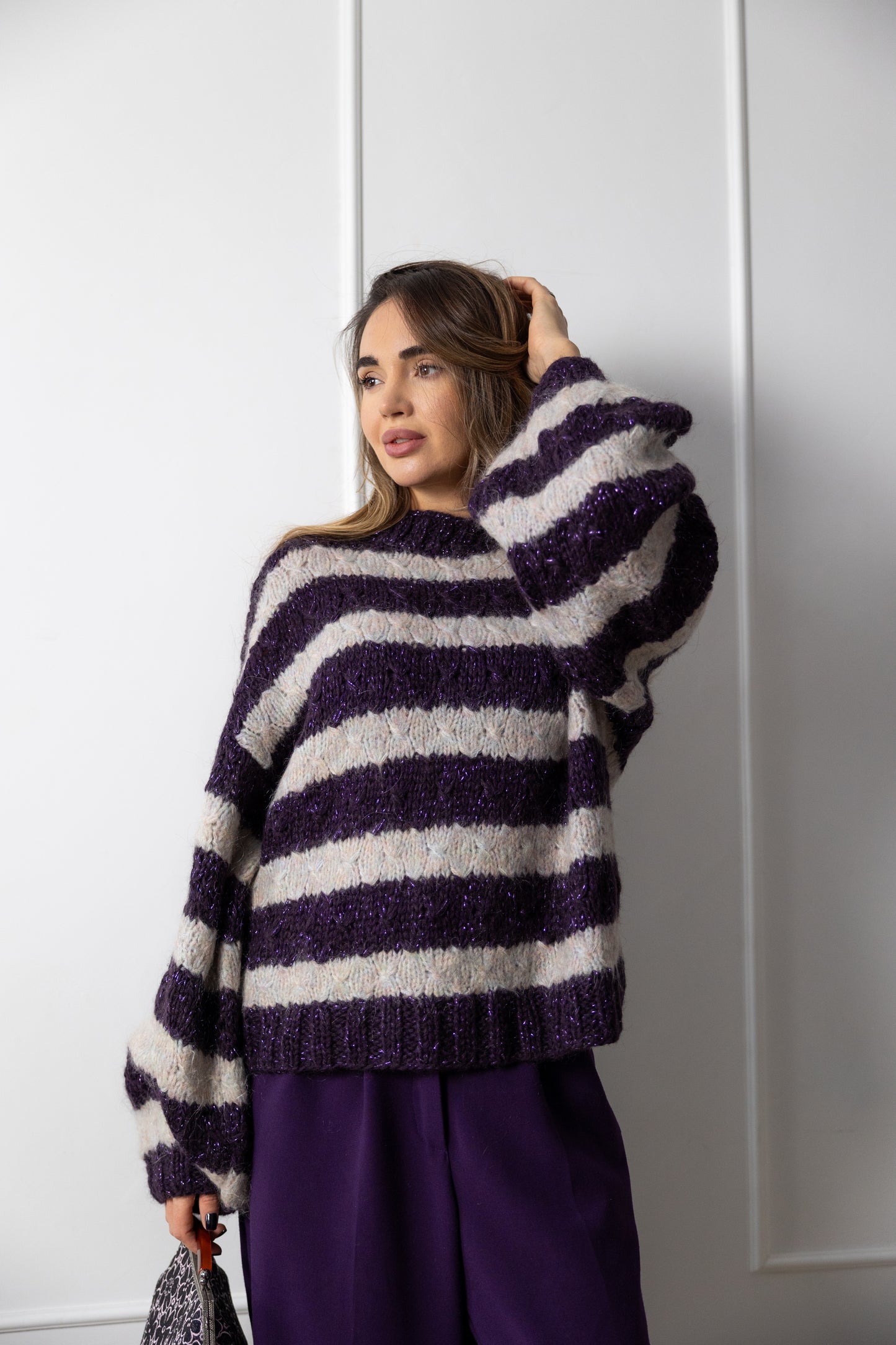 Hand Knit Striped Mohair Sweater – Oversized Purple Grey Jumper
