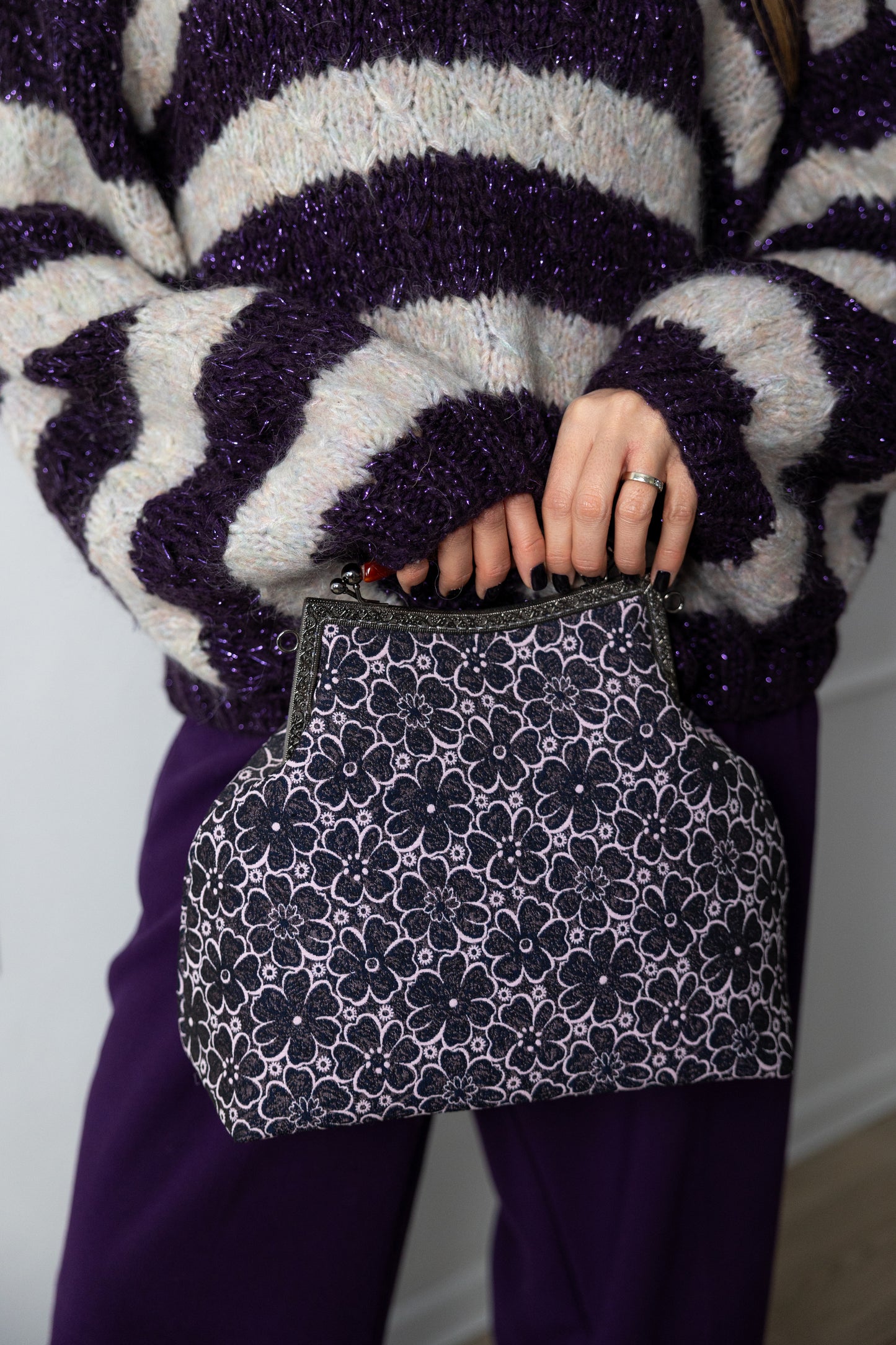 Hand Knit Striped Mohair Sweater – Oversized Purple Grey Jumper