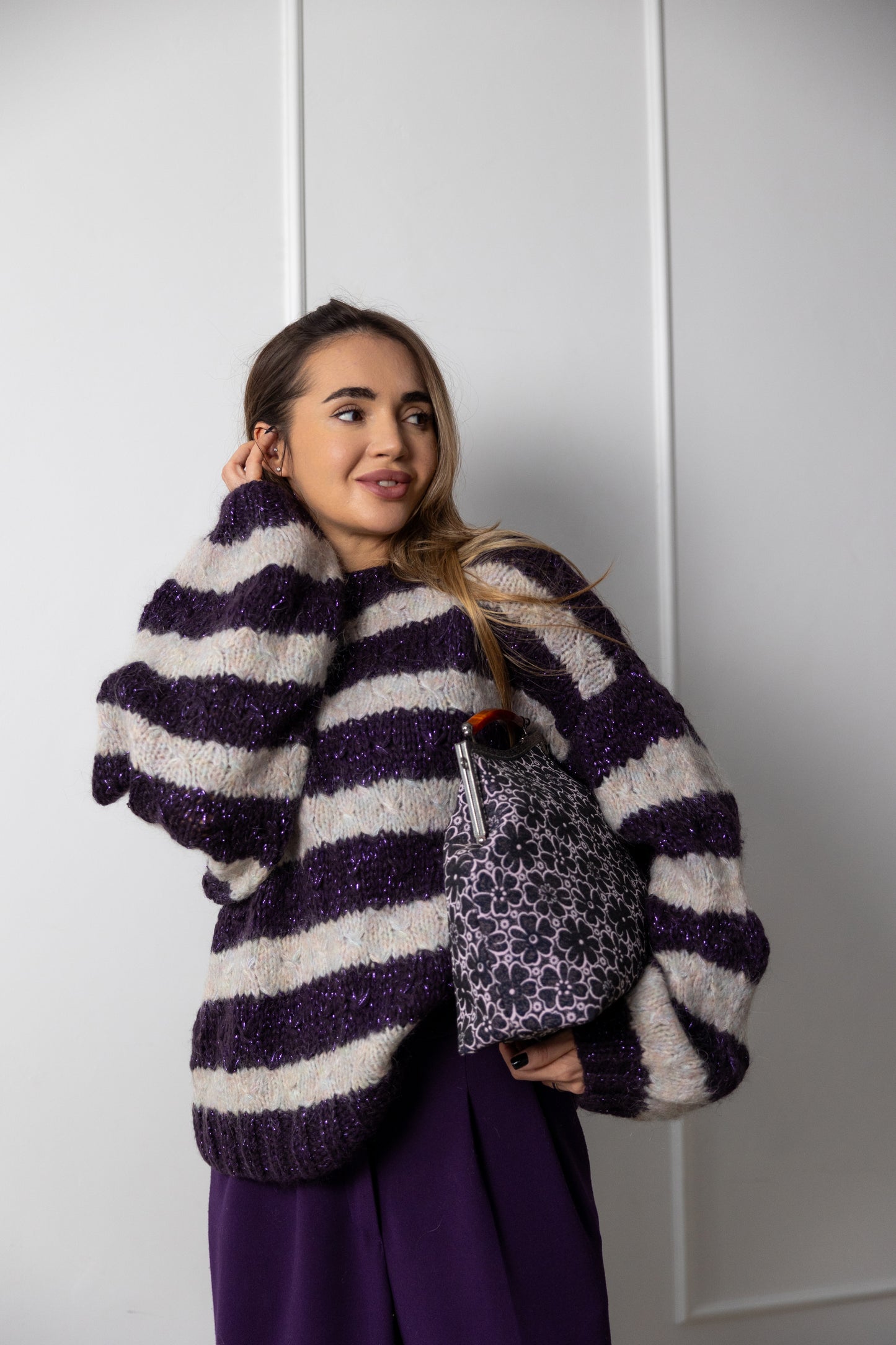 Hand Knit Striped Mohair Sweater – Oversized Purple Grey Jumper