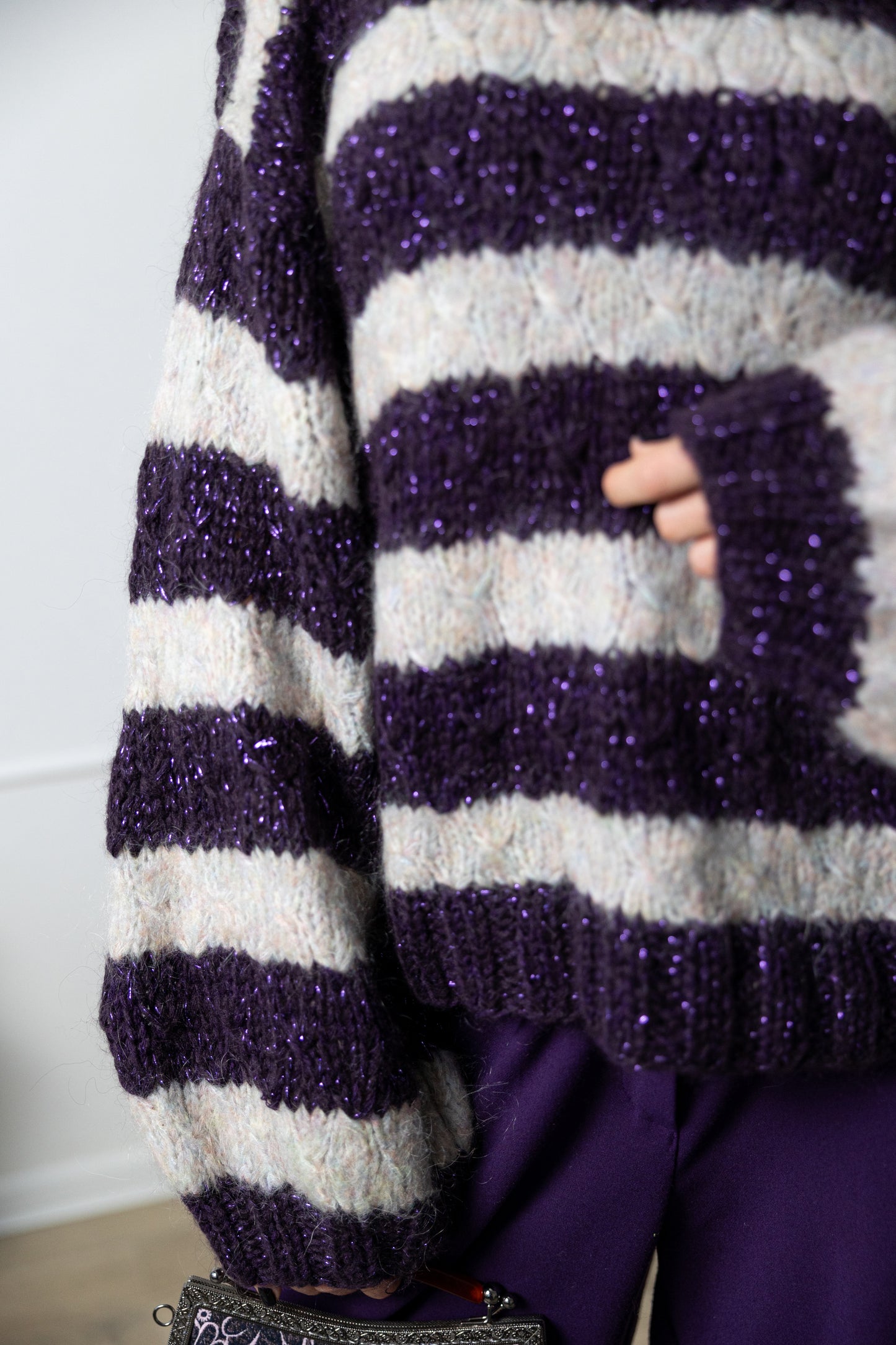 Hand Knit Striped Mohair Sweater – Oversized Purple Grey Jumper
