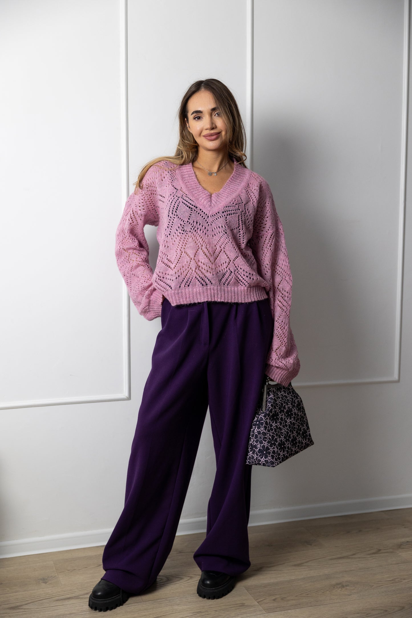 Pink Oversized V-Neck Mohair Sweater – Handmade Lacy Alpaca Knit Jumper