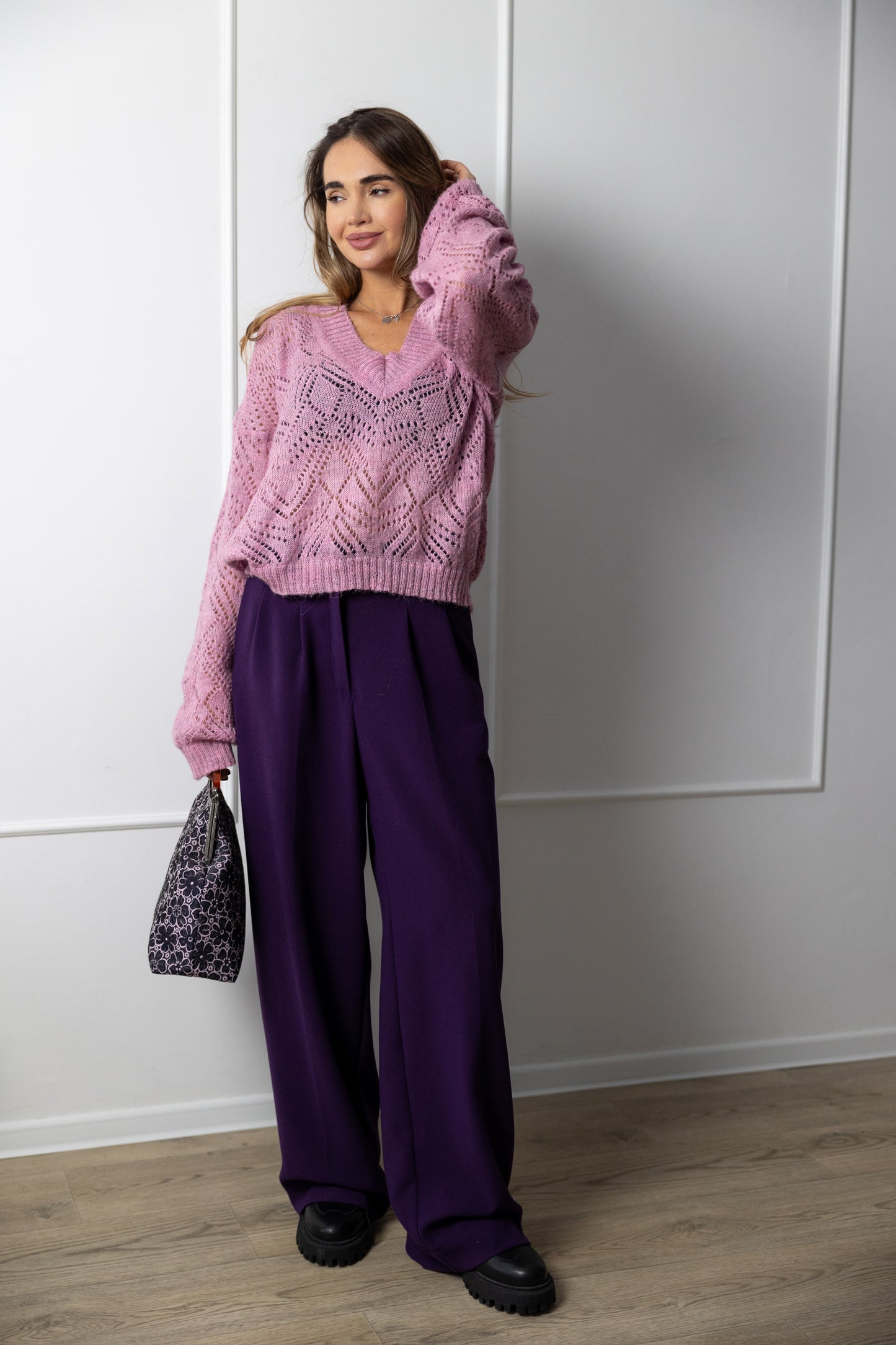 Pink Oversized V-Neck Mohair Sweater – Handmade Lacy Alpaca Knit Jumper