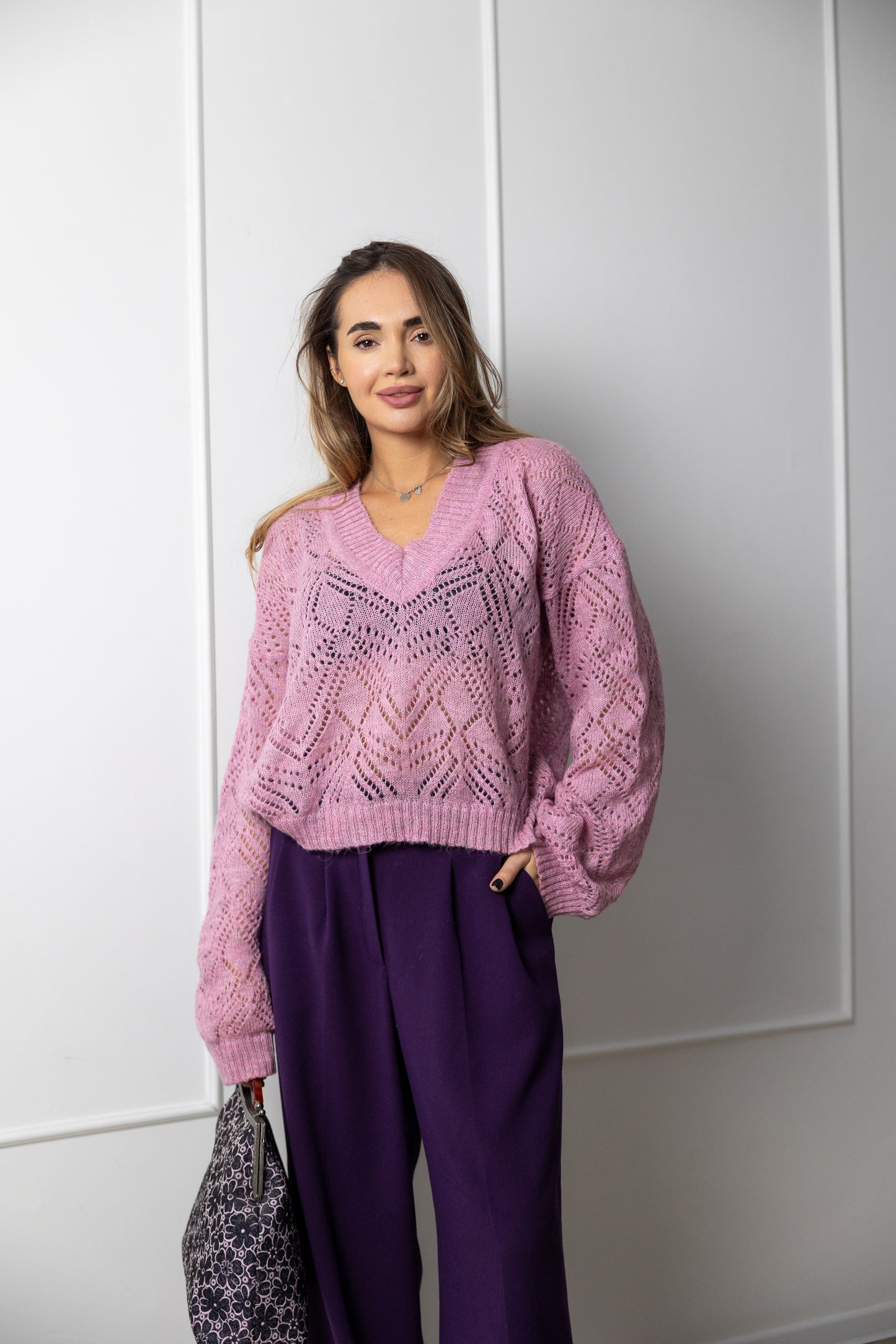 Pink Oversized V-Neck Mohair Sweater – Handmade Lacy Alpaca Knit Jumper