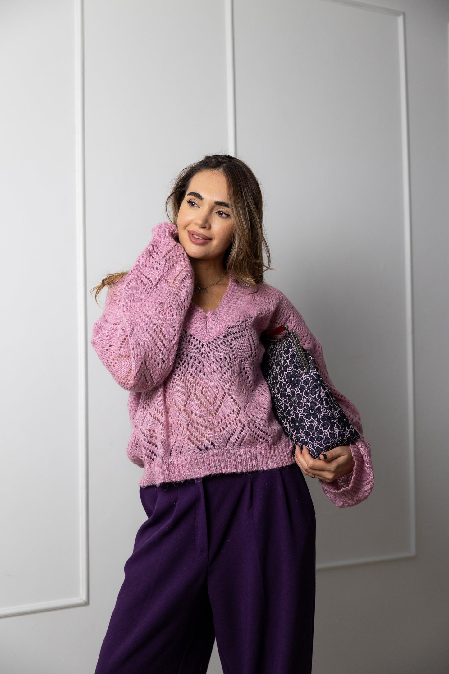 Pink Oversized V-Neck Mohair Sweater – Handmade Lacy Alpaca Knit Jumper