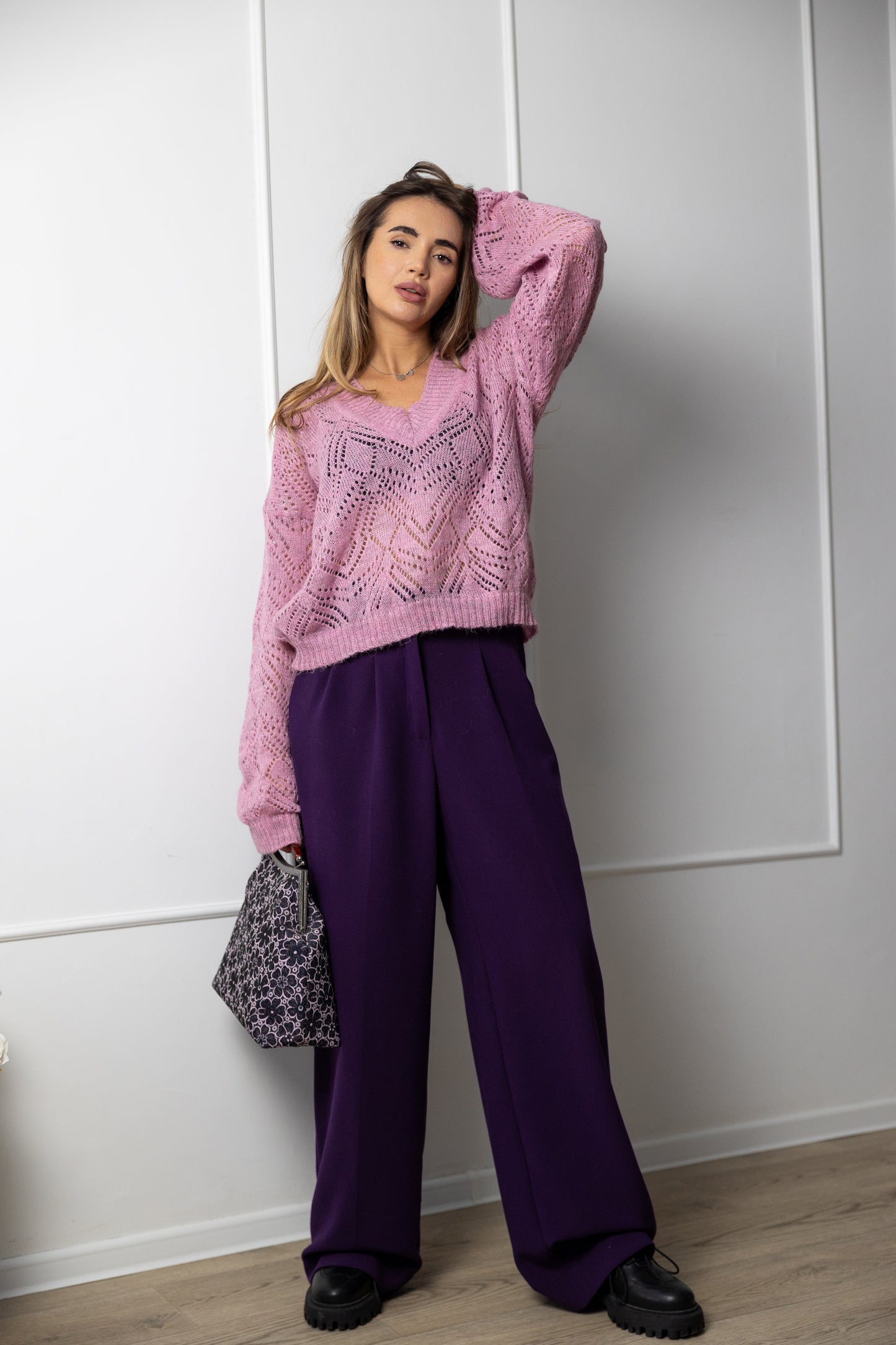 Pink Oversized V-Neck Mohair Sweater – Handmade Lacy Alpaca Knit Jumper