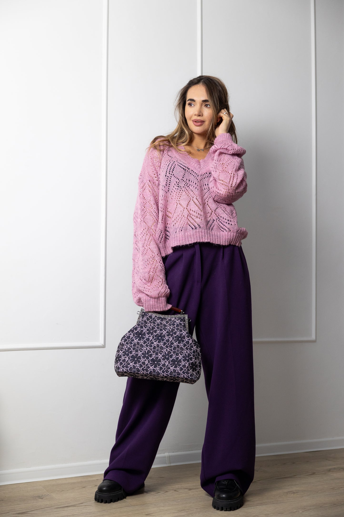 Pink Oversized V-Neck Mohair Sweater – Handmade Lacy Alpaca Knit Jumper