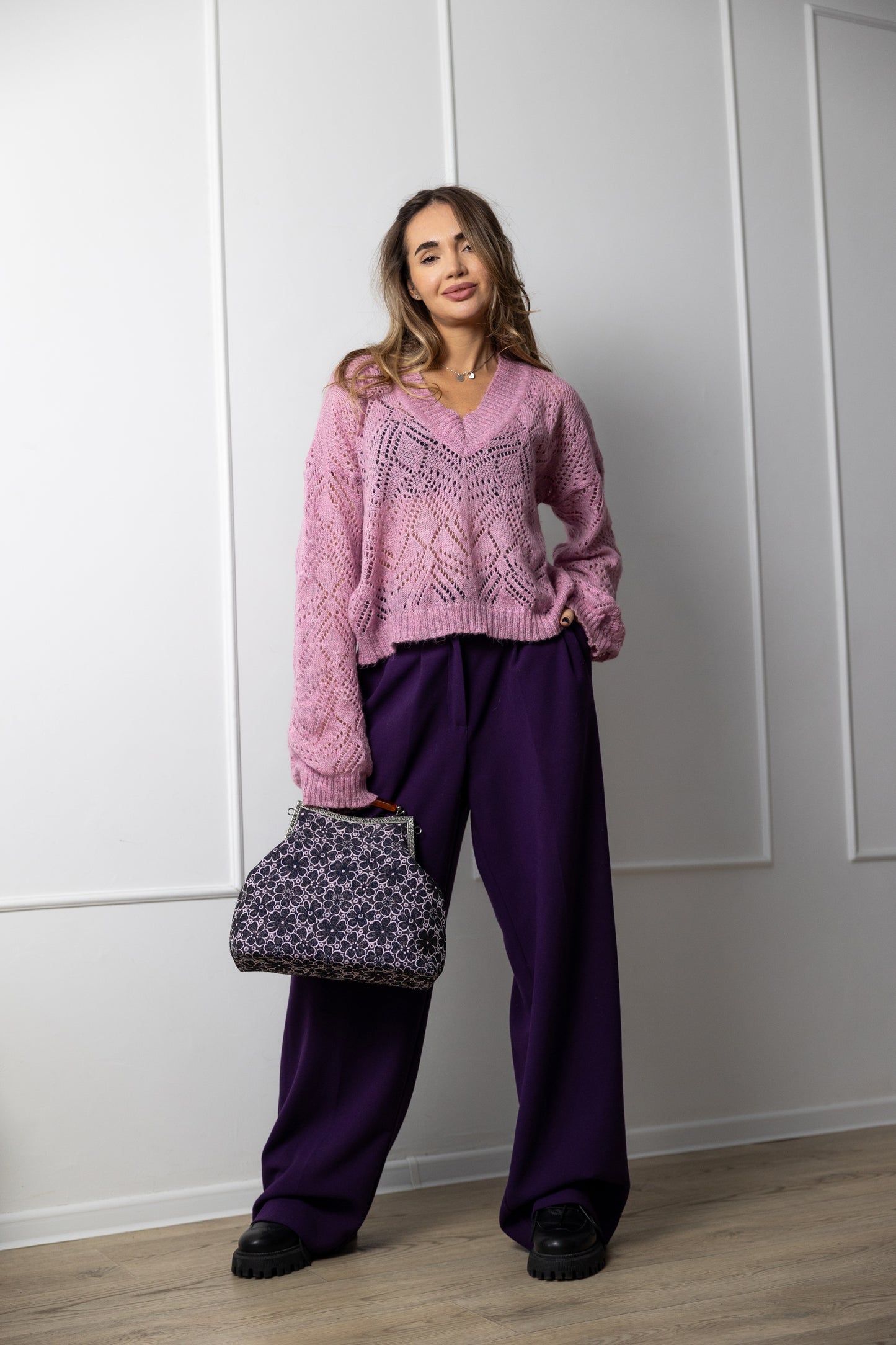 Pink Oversized V-Neck Mohair Sweater – Handmade Lacy Alpaca Knit Jumper