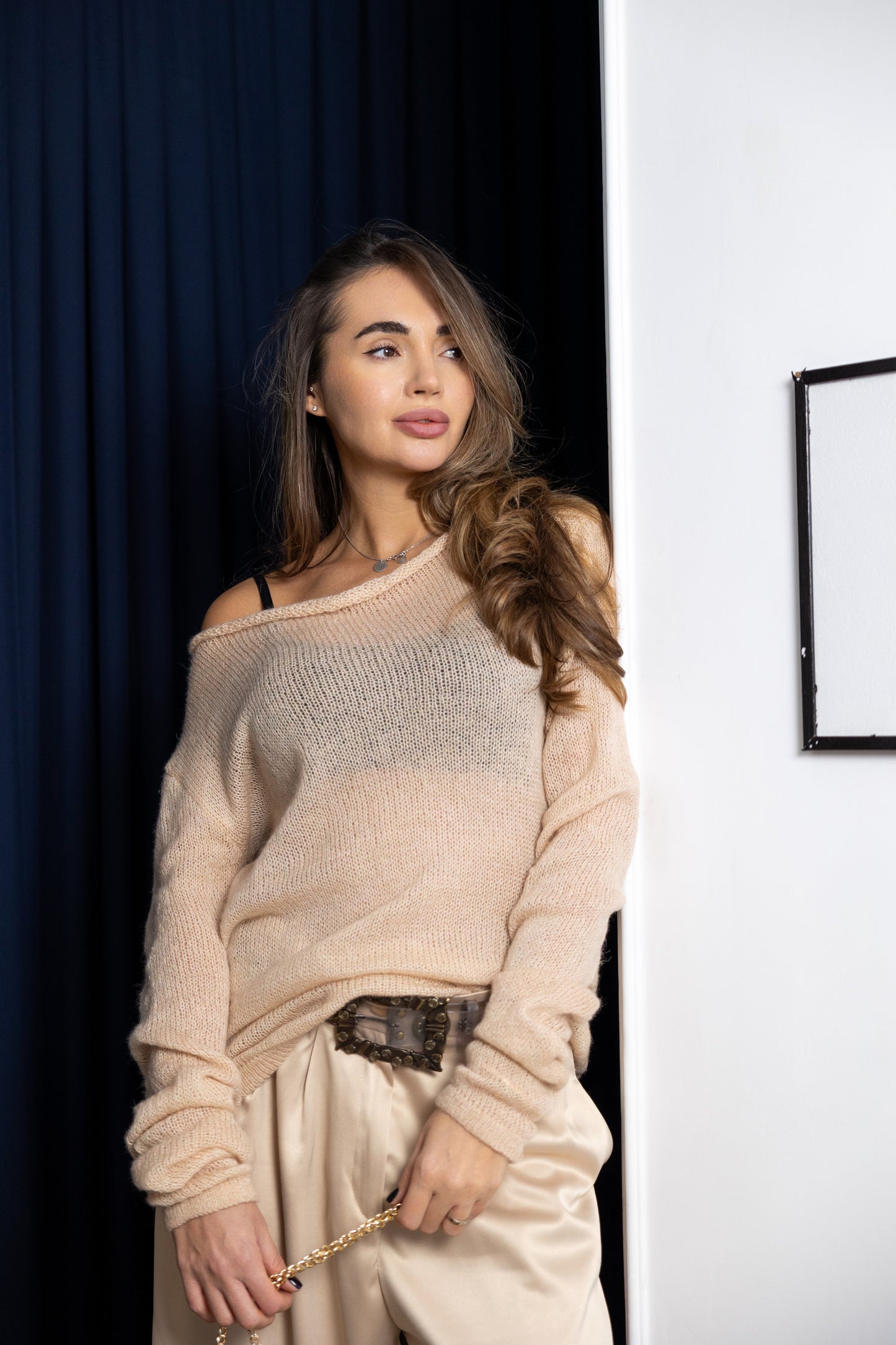 Powder Nude Oversized Mohair Sweater – Handmade Sheer Knit Jumper