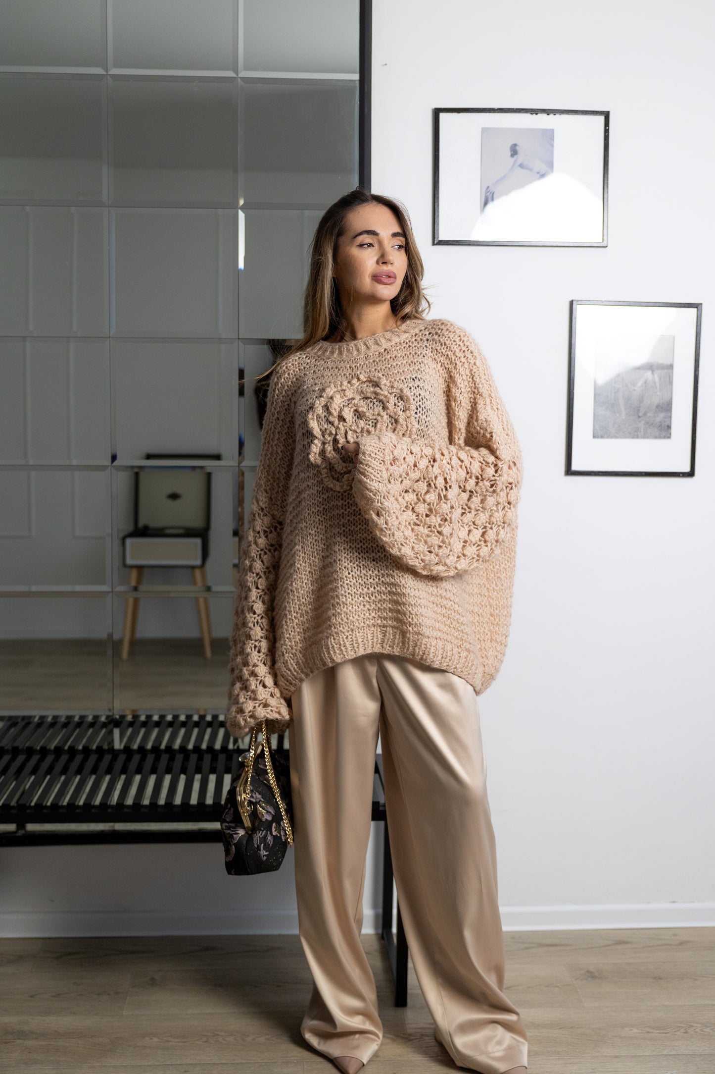 Oversized Powder Mohair Sweater with Camellia – Handmade Nude Knit Pullover
