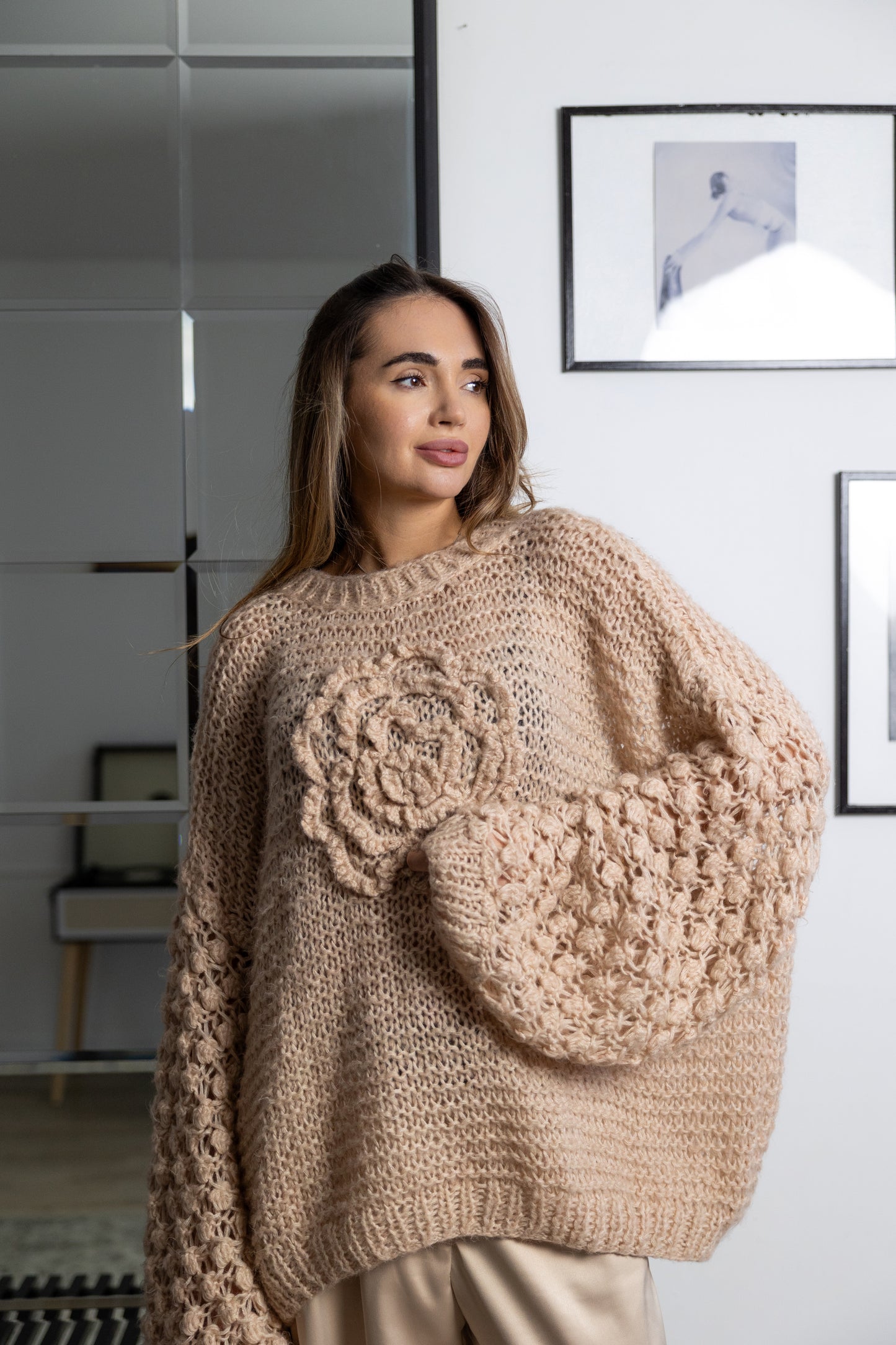 Oversized Powder Mohair Sweater with Camellia – Handmade Nude Knit Pullover