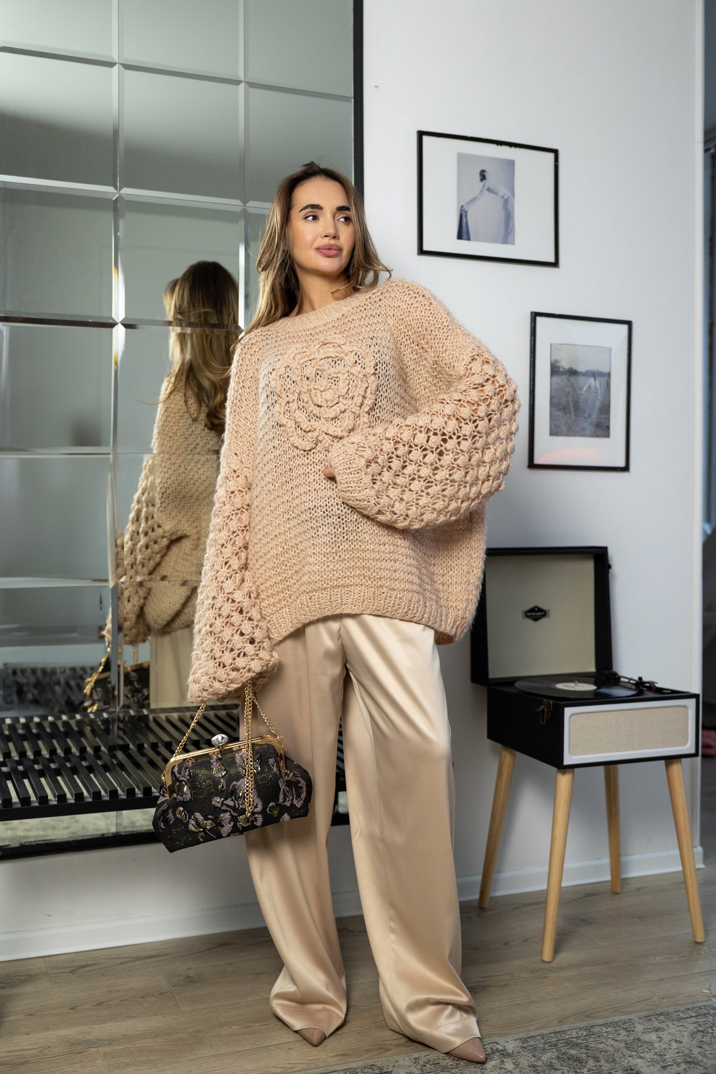 Oversized Powder Mohair Sweater with Camellia – Handmade Nude Knit Pullover