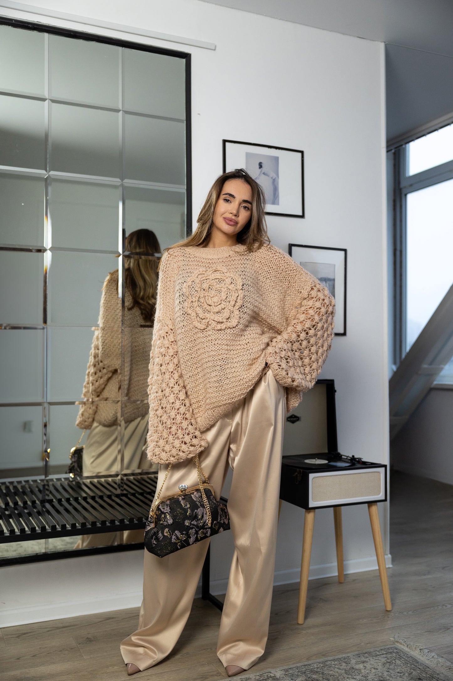 Oversized Powder Mohair Sweater with Camellia – Handmade Nude Knit Pullover