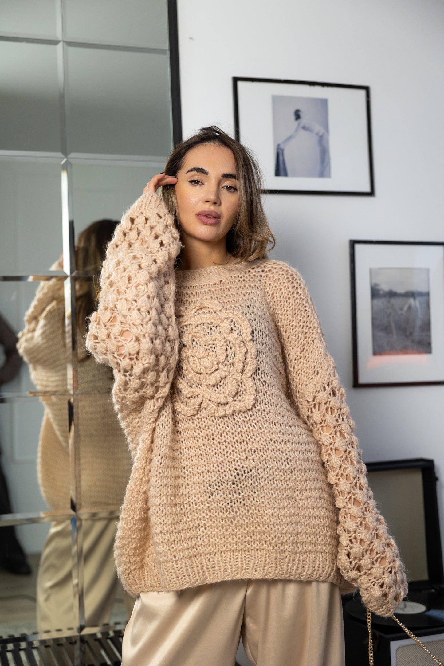 Oversized Powder Mohair Sweater with Camellia – Handmade Nude Knit Pullover