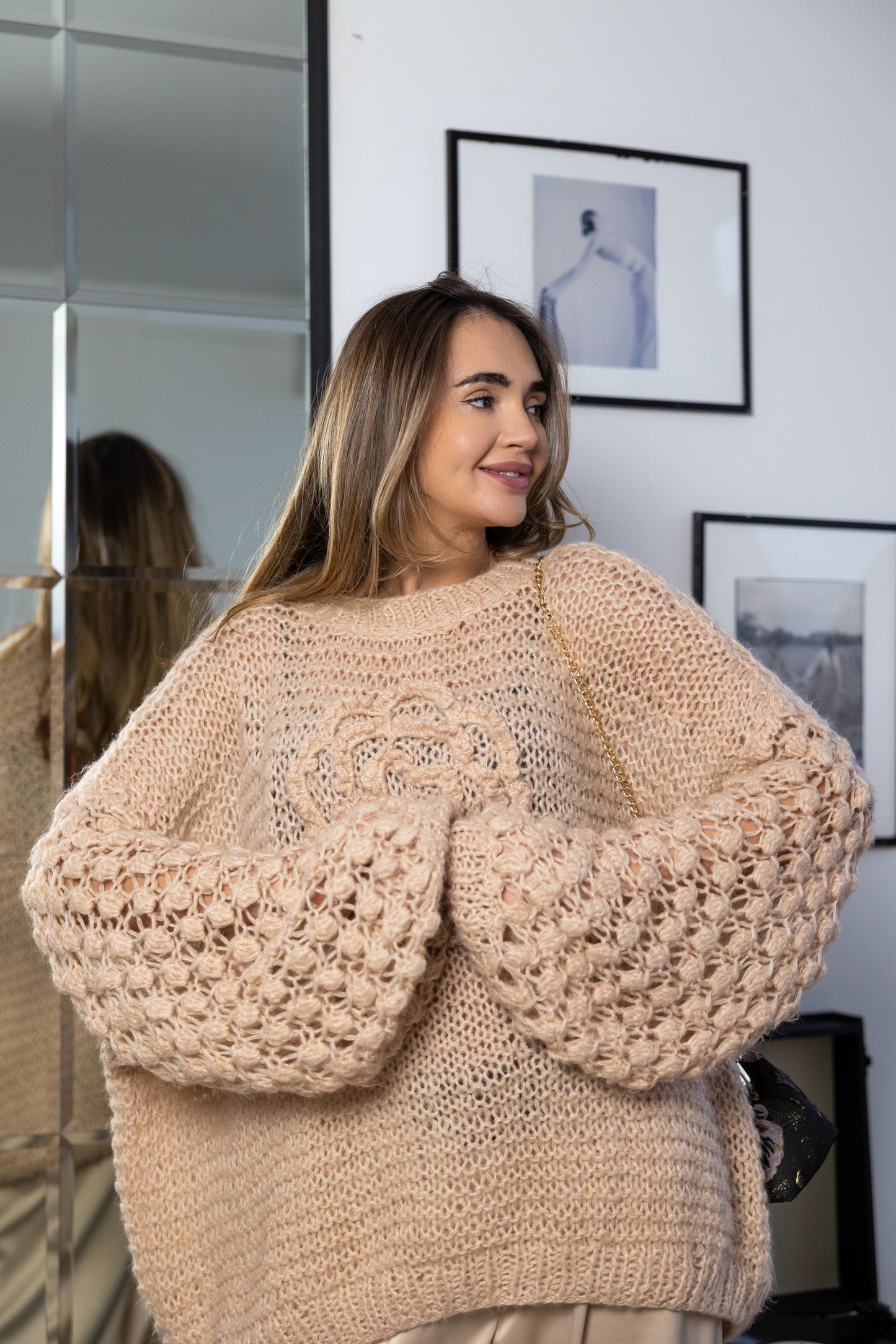 Oversized Powder Mohair Sweater with Camellia – Handmade Nude Knit Pullover