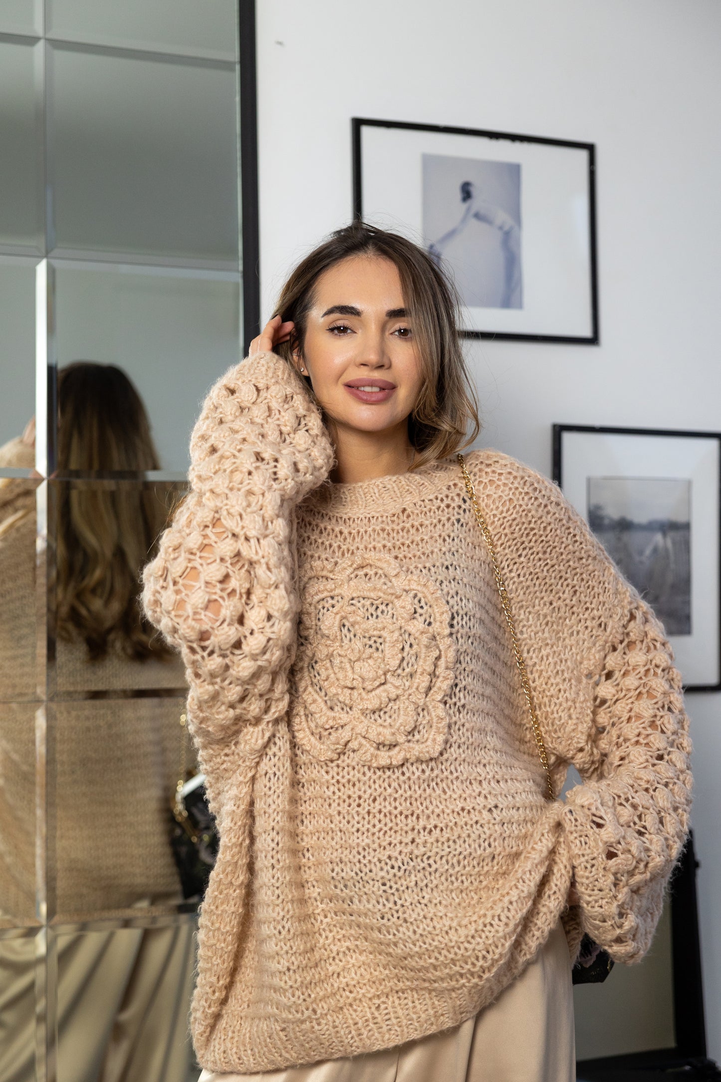 Oversized Powder Mohair Sweater with Camellia – Handmade Nude Knit Pullover