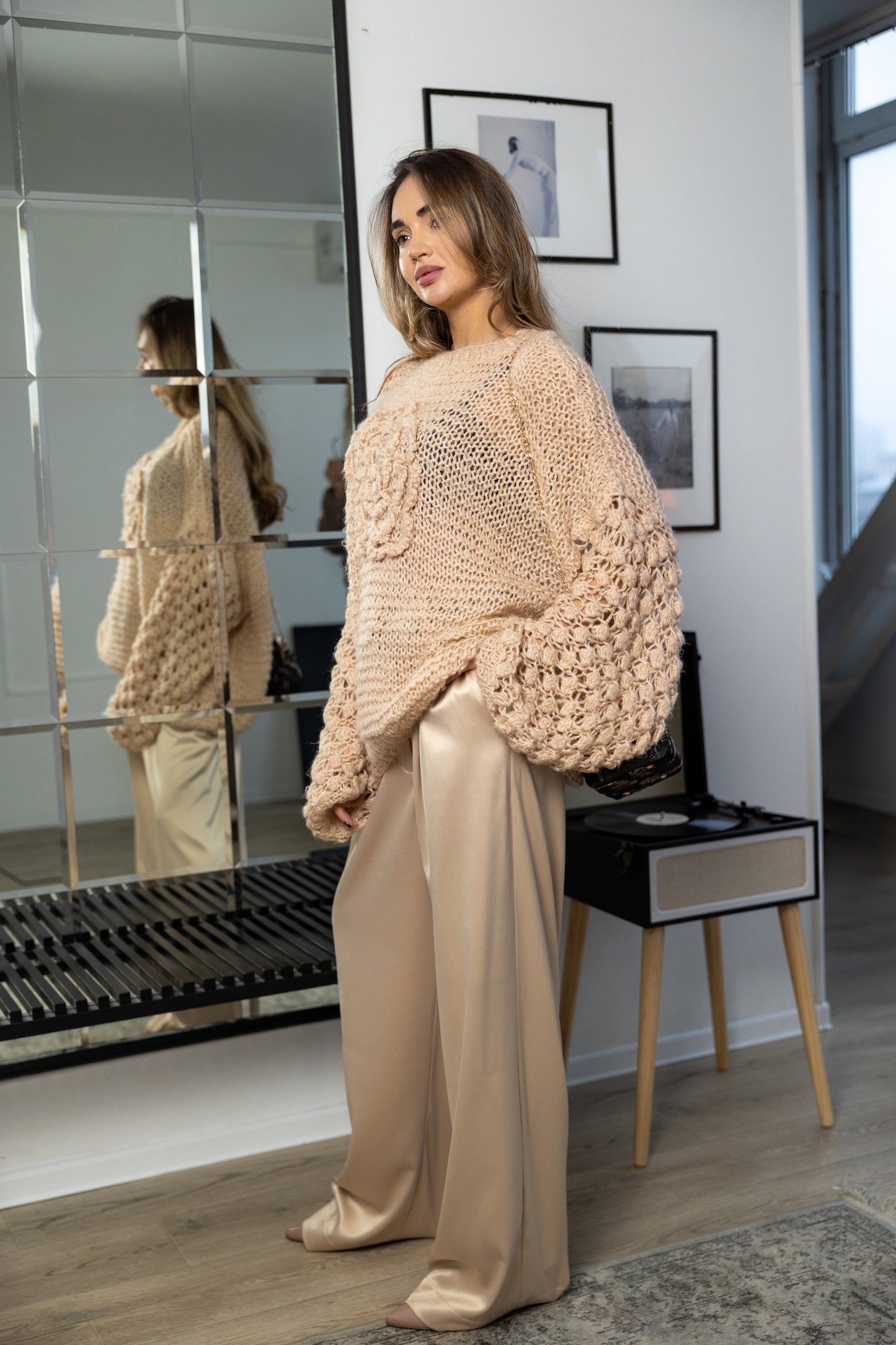 Oversized Powder Mohair Sweater with Camellia – Handmade Nude Knit Pullover
