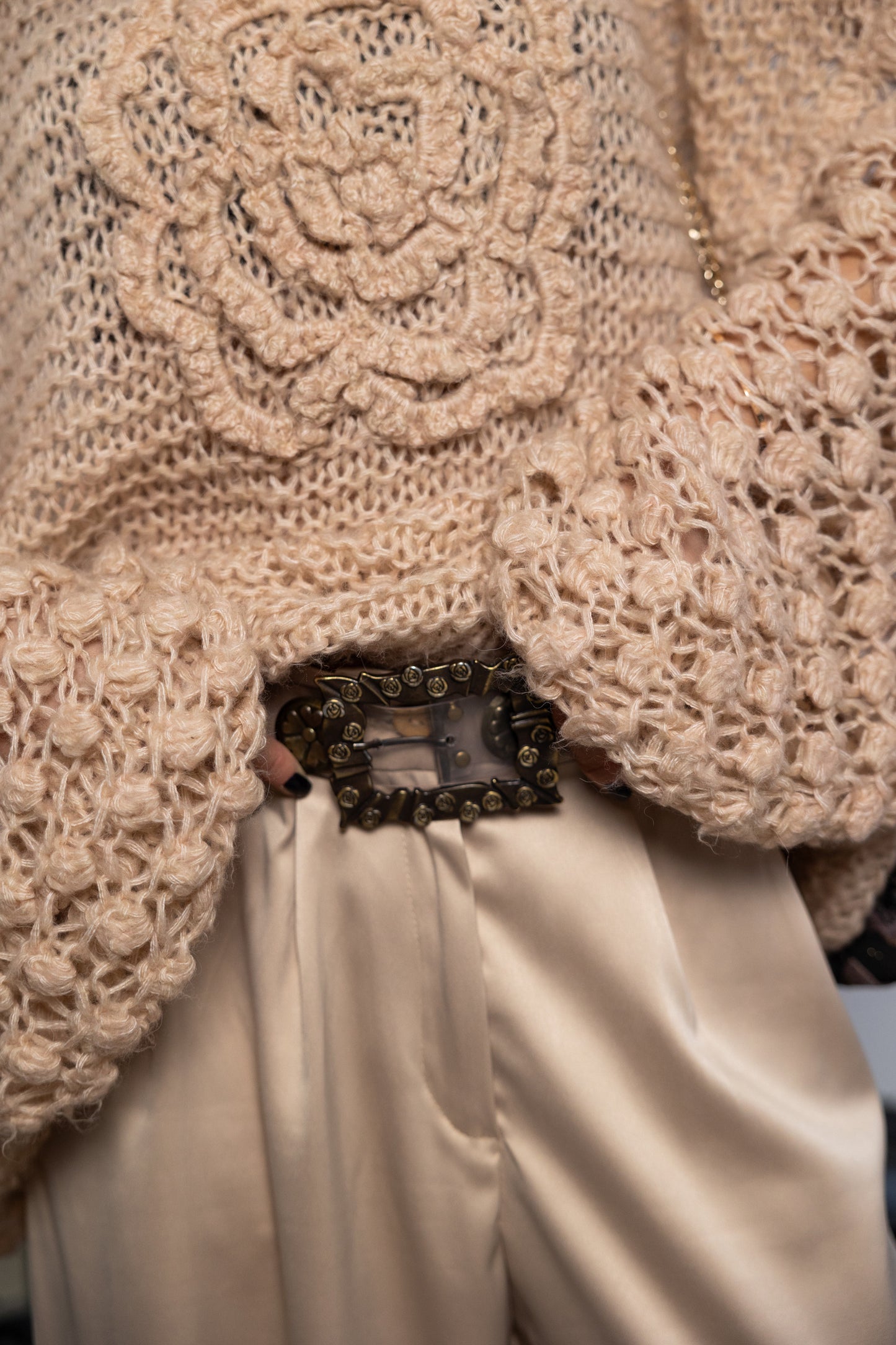 Oversized Powder Mohair Sweater with Camellia – Handmade Nude Knit Pullover