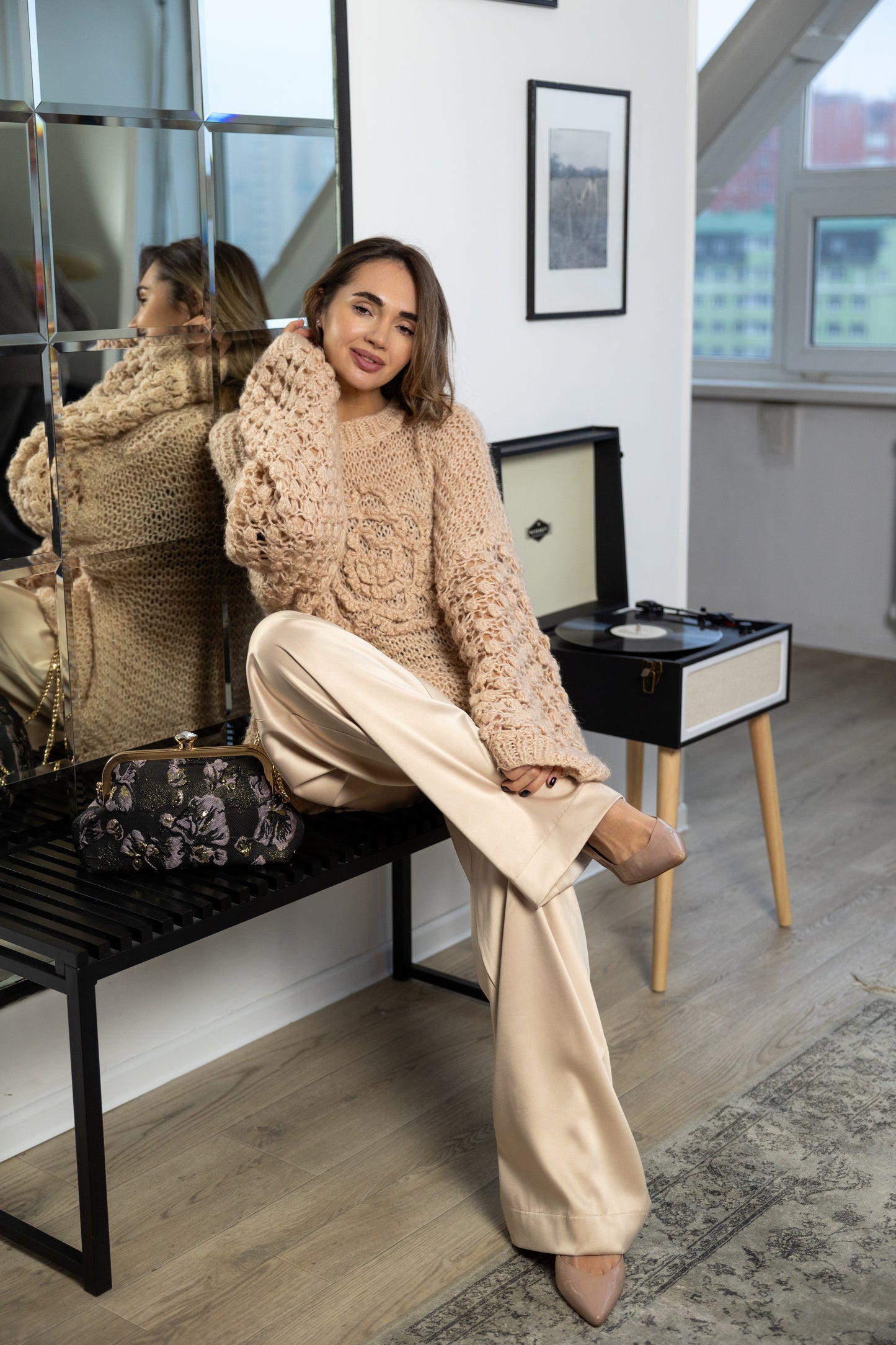 Oversized Powder Mohair Sweater with Camellia – Handmade Nude Knit Pullover