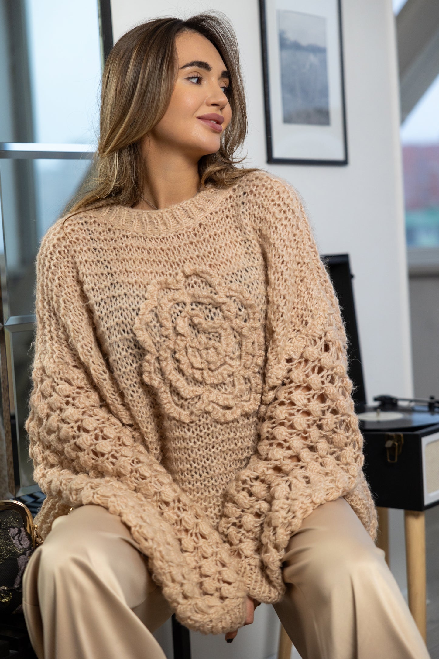 Oversized Powder Mohair Sweater with Camellia – Handmade Nude Knit Pullover