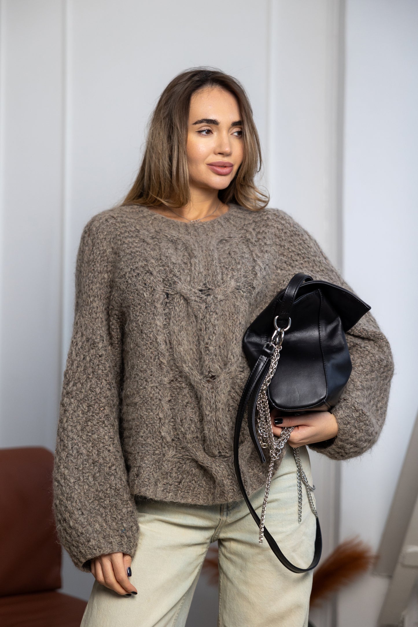 Handmade Taupe Oversized Knitted Sweater – Wool & Mohair Cable Knit Jumper