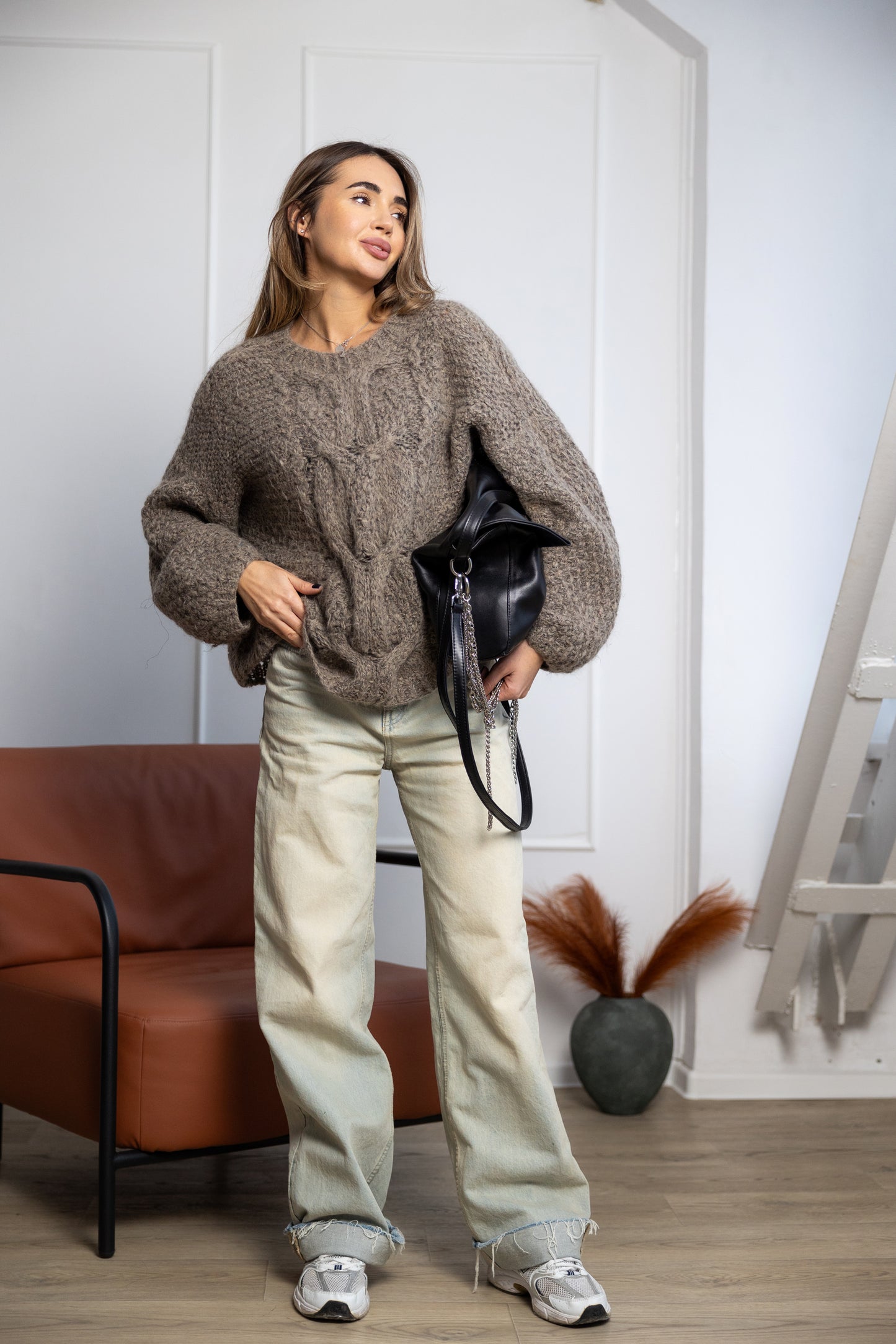 Handmade Taupe Oversized Knitted Sweater – Wool & Mohair Cable Knit Jumper