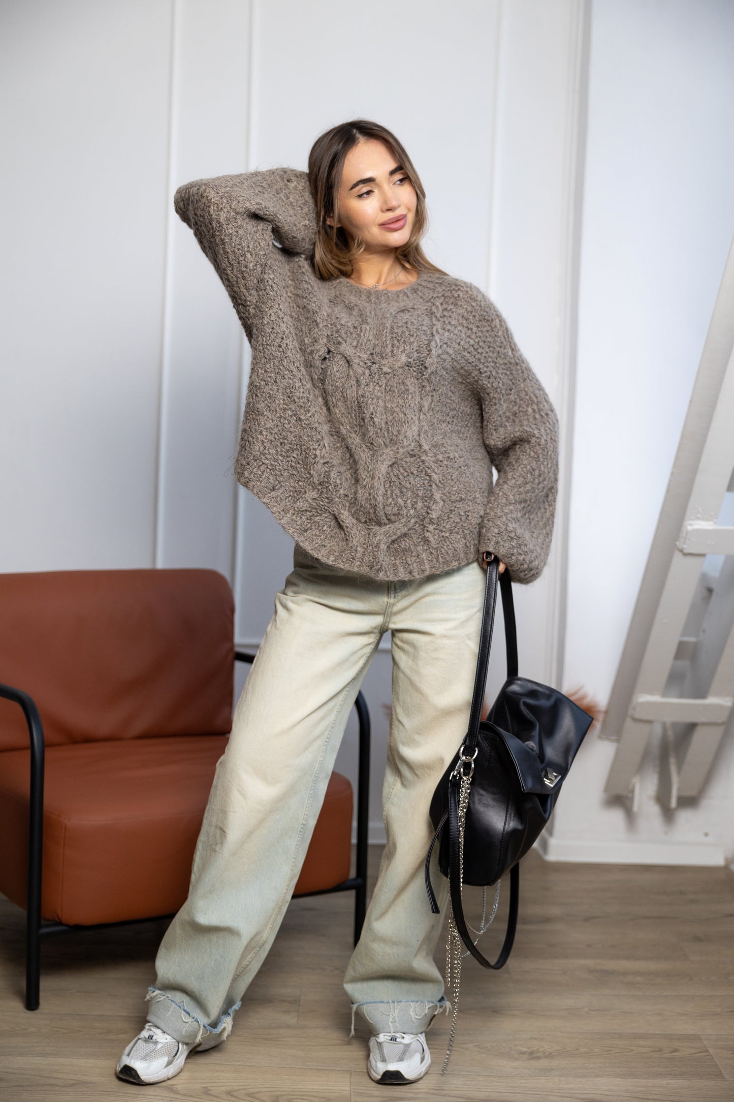 Handmade Taupe Oversized Knitted Sweater – Wool & Mohair Cable Knit Jumper