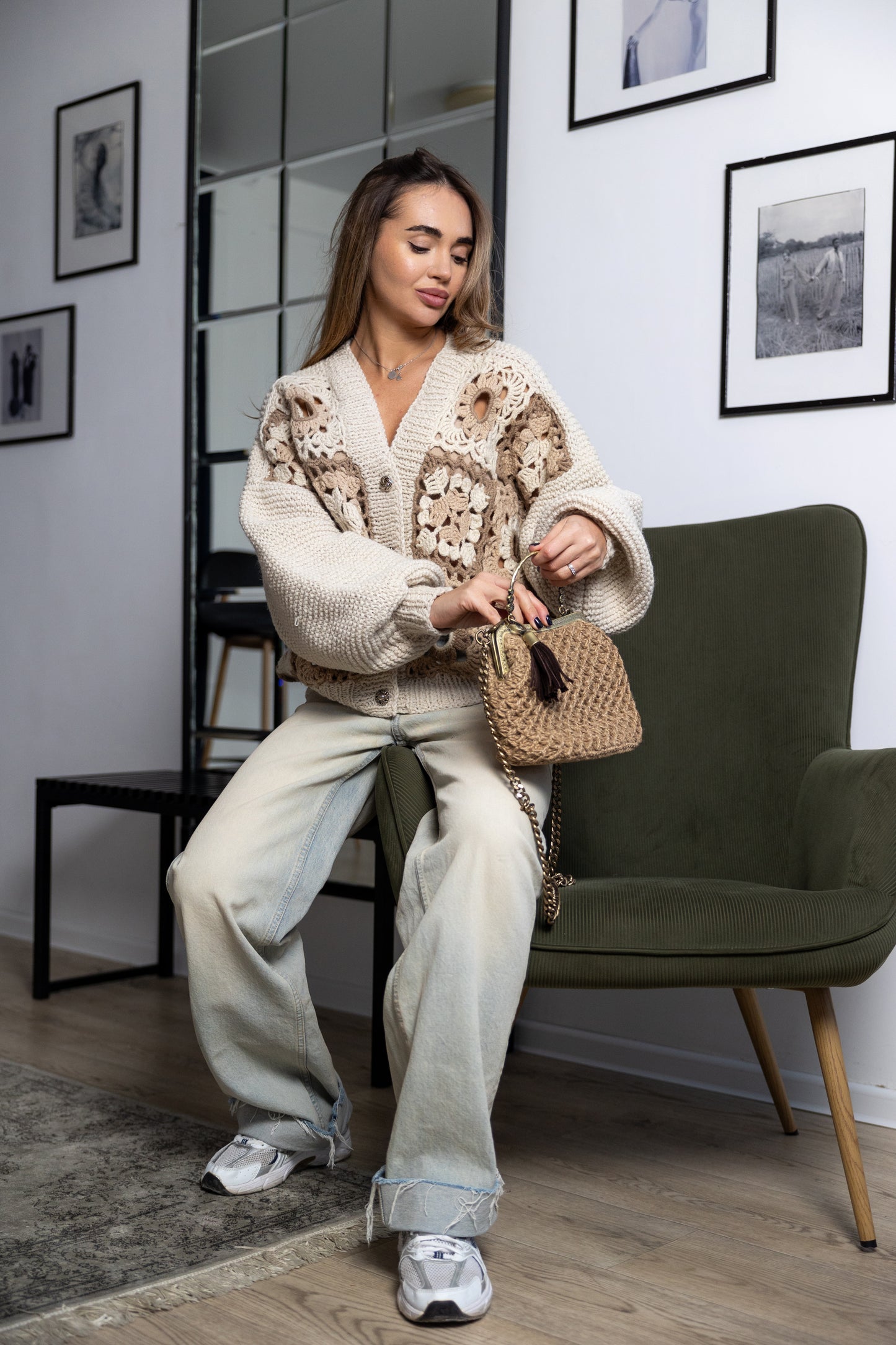 Handmade Granny Square Crochet Bomber Jacket – Beige Wool Oversized Cardigan with Puff Sleeves and Buttons