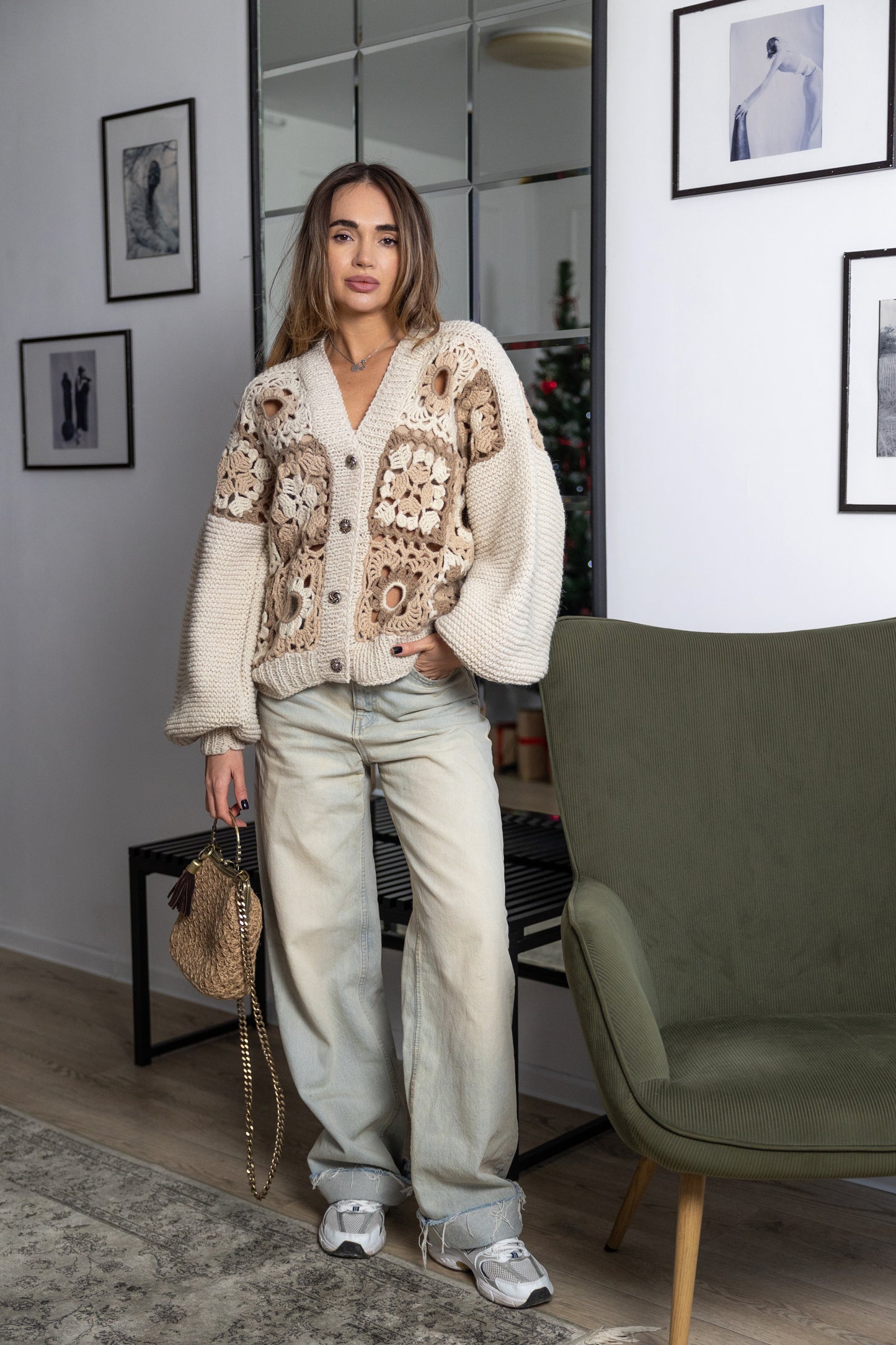 Handmade Granny Square Crochet Bomber Jacket – Beige Wool Oversized Cardigan with Puff Sleeves and Buttons