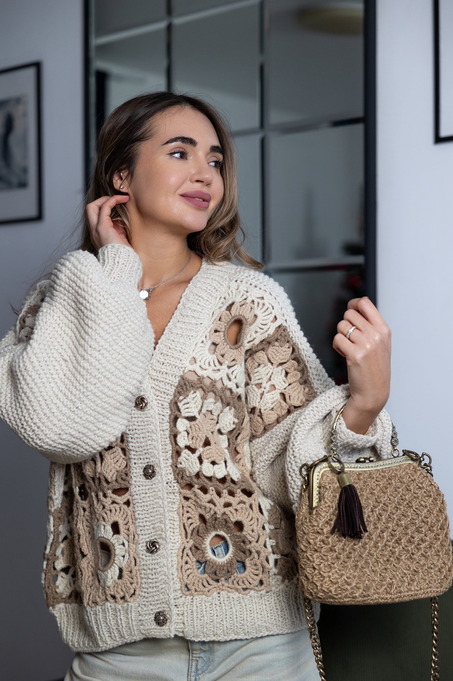 Handmade Granny Square Crochet Bomber Jacket – Beige Wool Oversized Cardigan with Puff Sleeves and Buttons