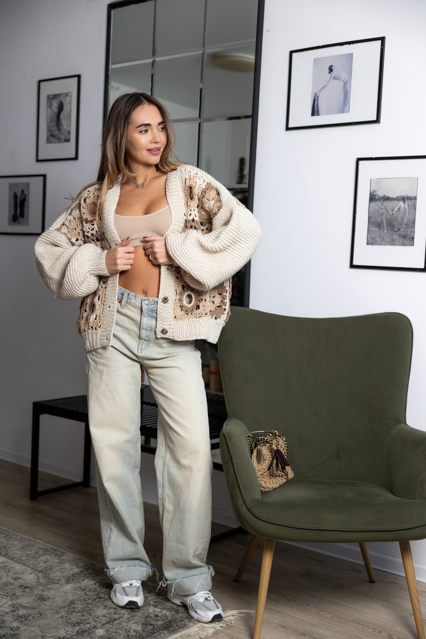 Handmade Granny Square Crochet Bomber Jacket – Beige Wool Oversized Cardigan with Puff Sleeves and Buttons