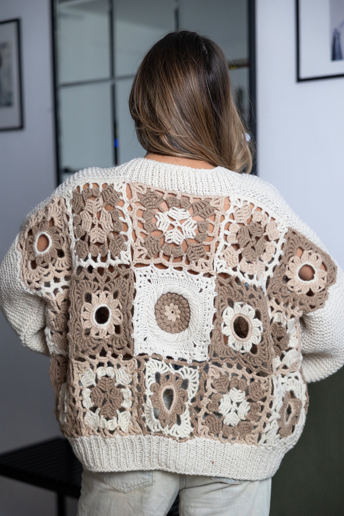 Handmade Granny Square Crochet Bomber Jacket – Beige Wool Oversized Cardigan with Puff Sleeves and Buttons